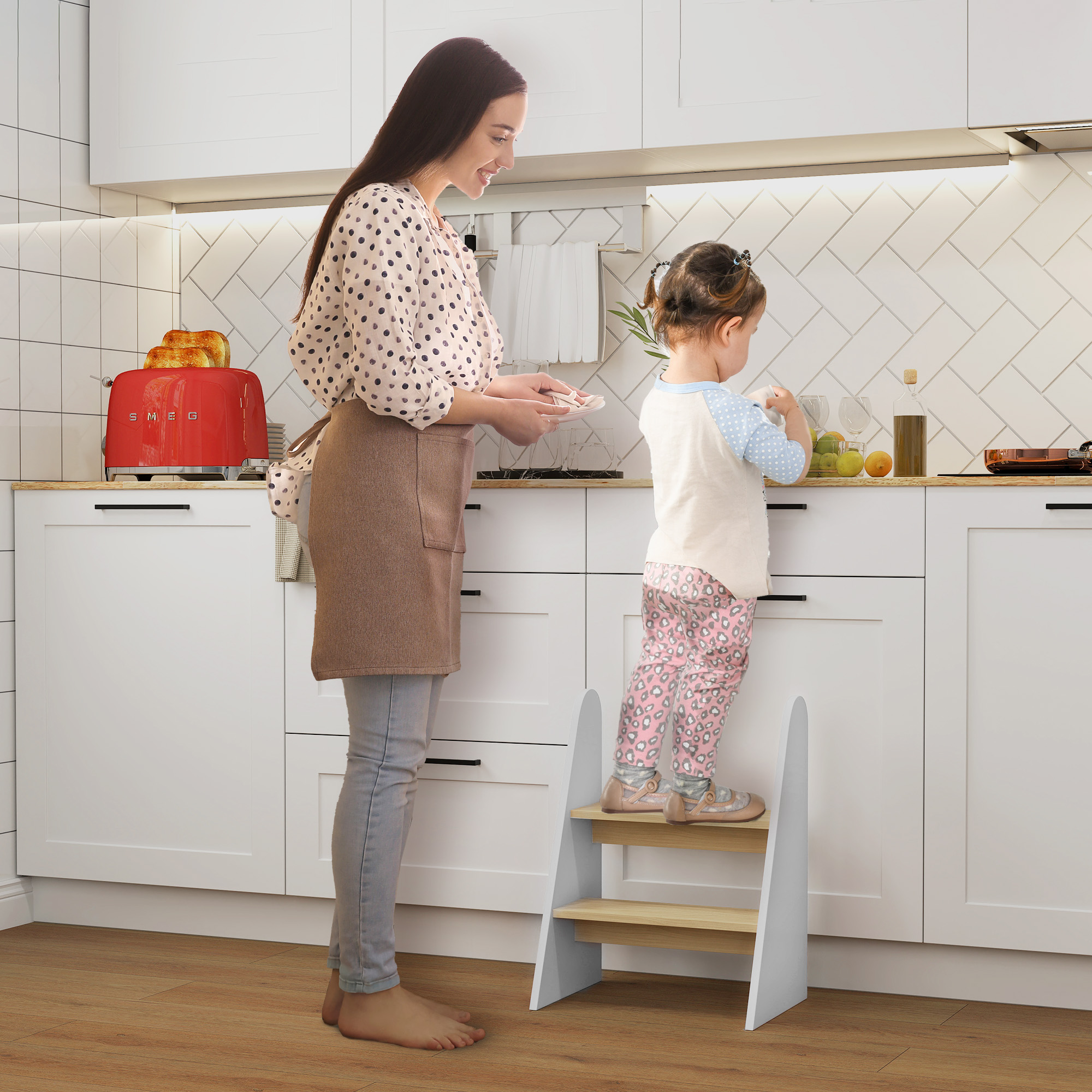 Tabouret Montessori 2 Marches en MDF pour Enfants 3-8 Ans, Escabeau Enfant avec