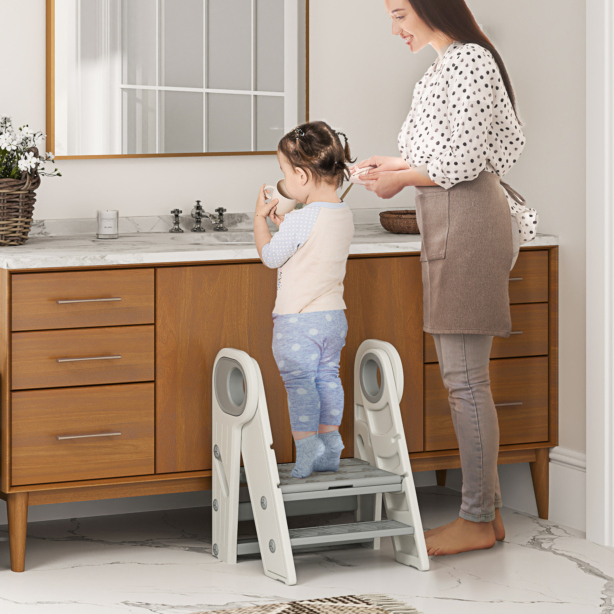 Tour Montessorienne Pliante Enfant 3 Marches Réglables, Poignées Antidérapantes,