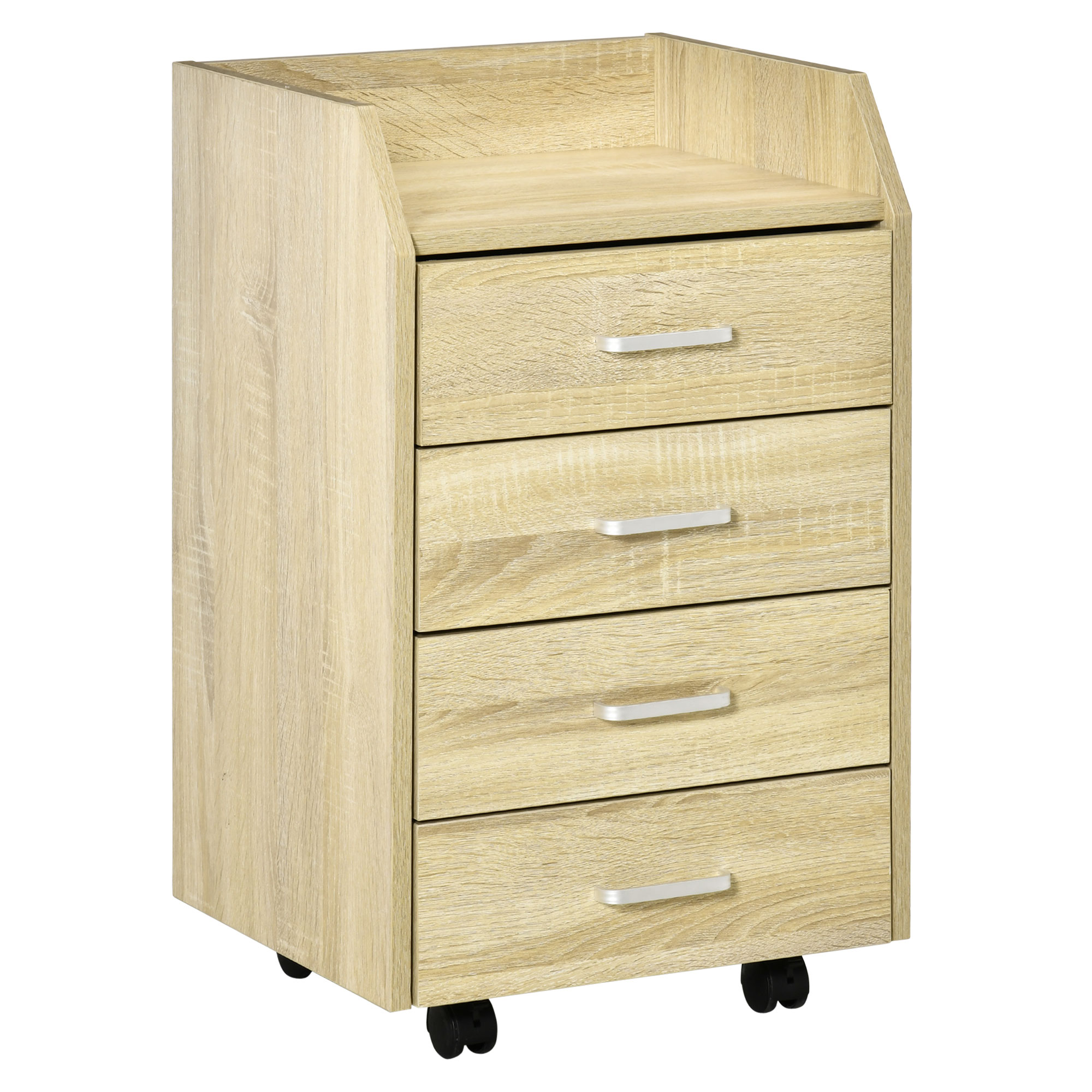 Cajonera De Oficina Mueble Auxiliar Para Archivos Con 4 Cajones Encimera Superior De Almacenaje 4 Ruedas Y 2 Frenos Para Estudio Despacho 40x36x65 Cm Natural_voghion.com