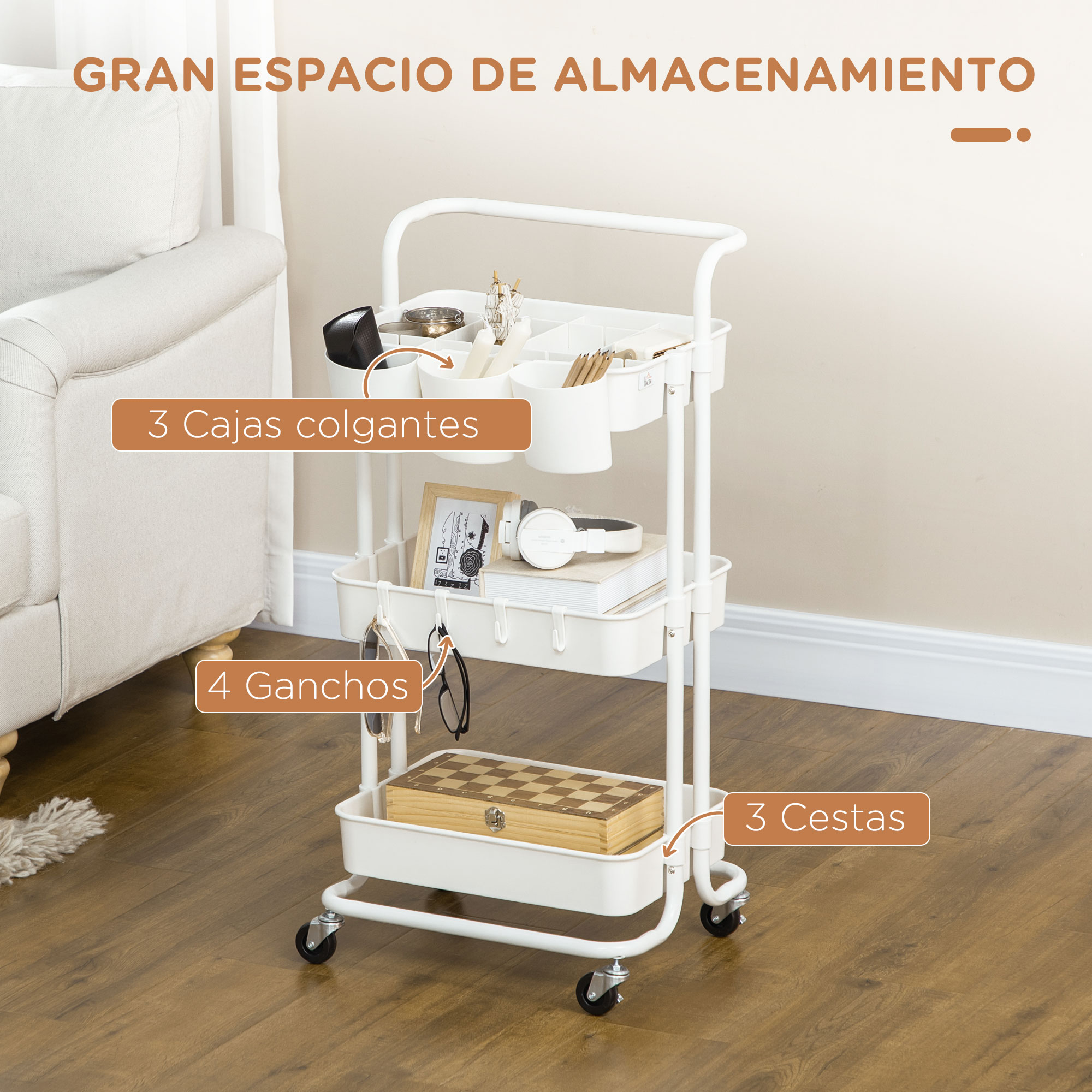 Rolling Storage Trolley With Hooks And Hanging Bins White_voghion.com