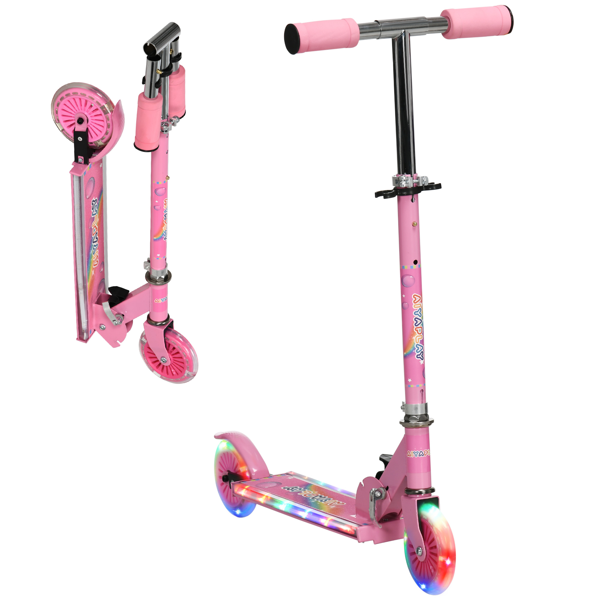 Patinete Infantil Plegable Con Luces Música Altura Ajustable Ruedas Brillantes Pedal LED Carga 50kg 67x32x65-78cm Rose_voghion.com