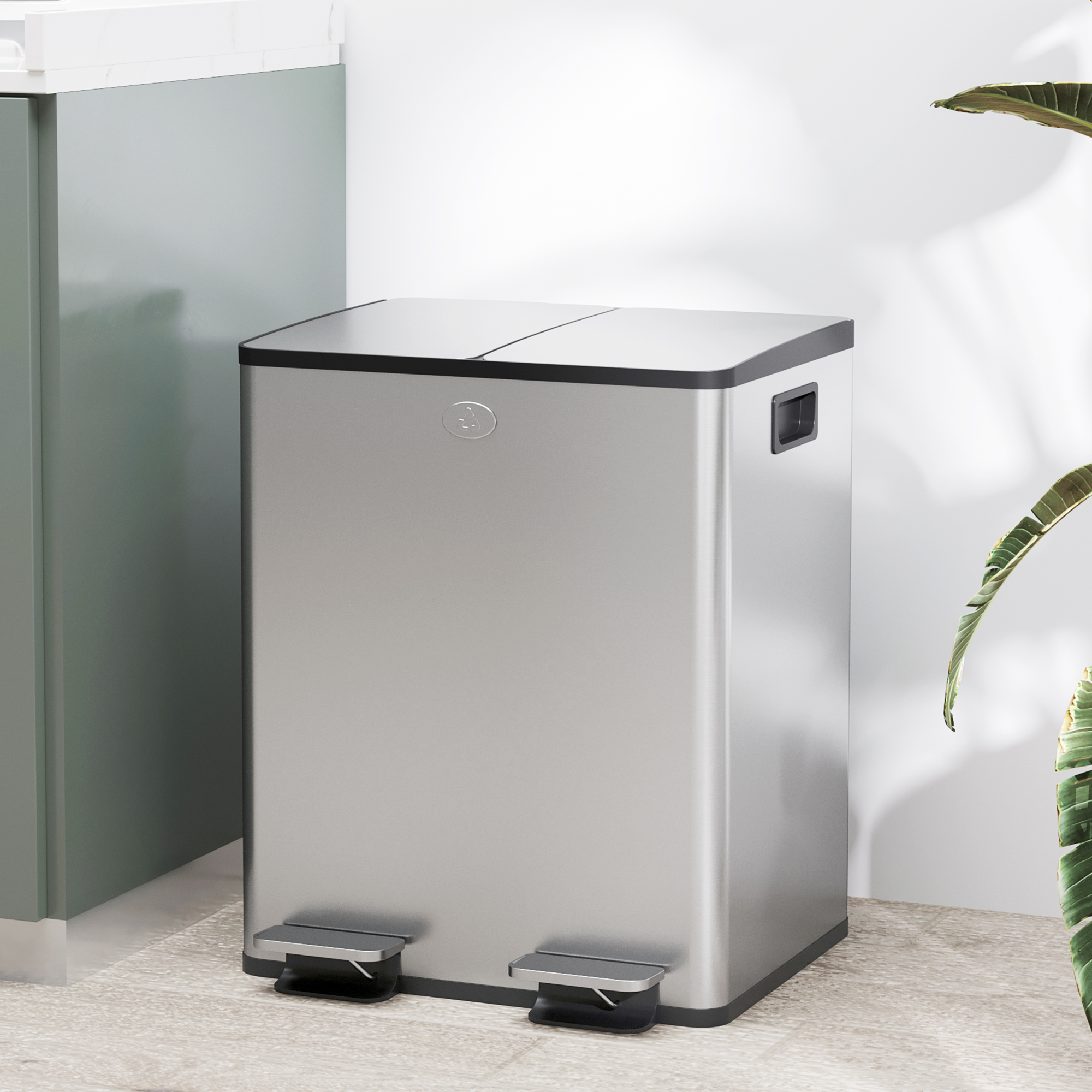Stainless Steel Kitchen Pedal Bin With Double Compartment Lid_voghion.com