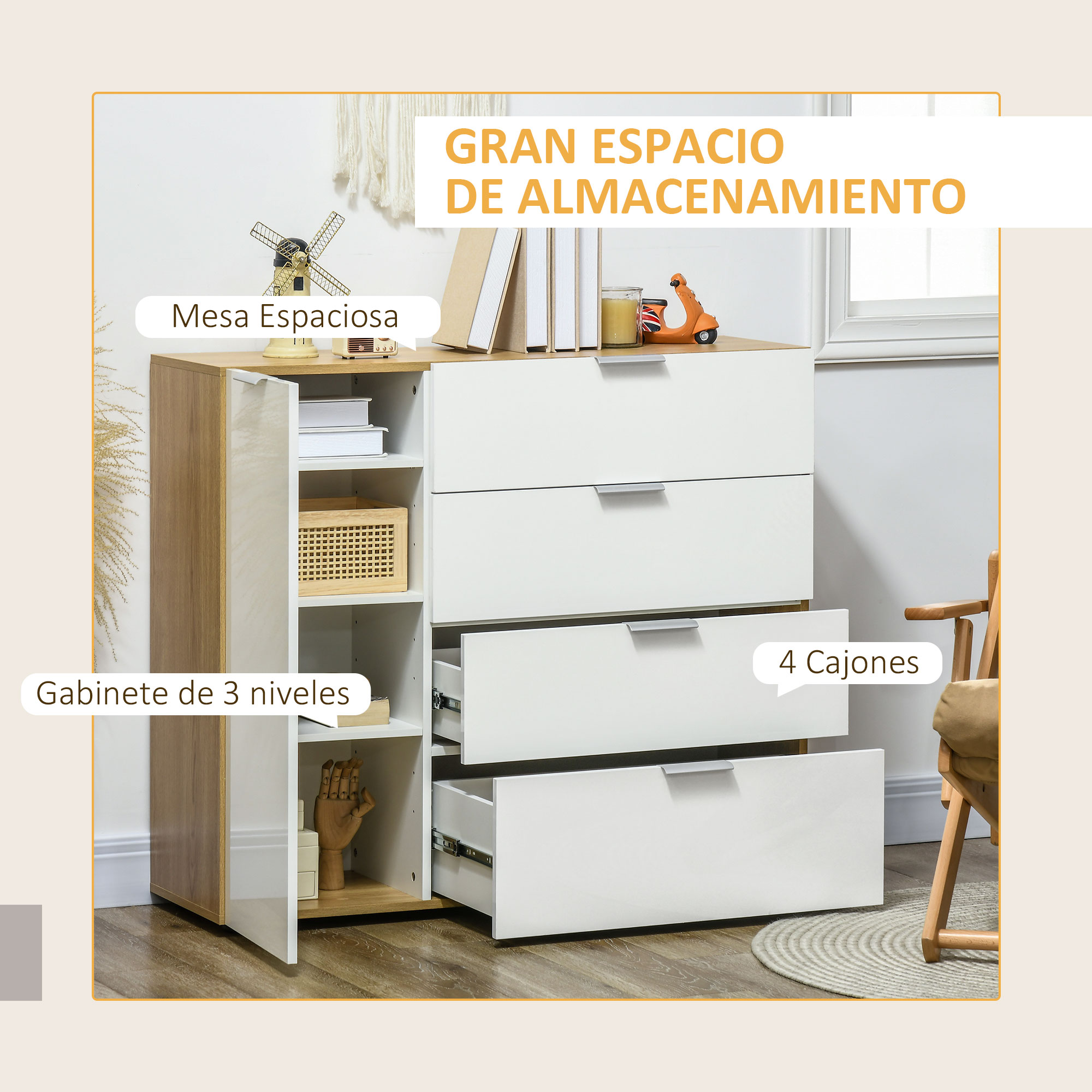 Sideboard Cabinet With 4 Drawers Cupboard And Adjustable Shelves_voghion.com