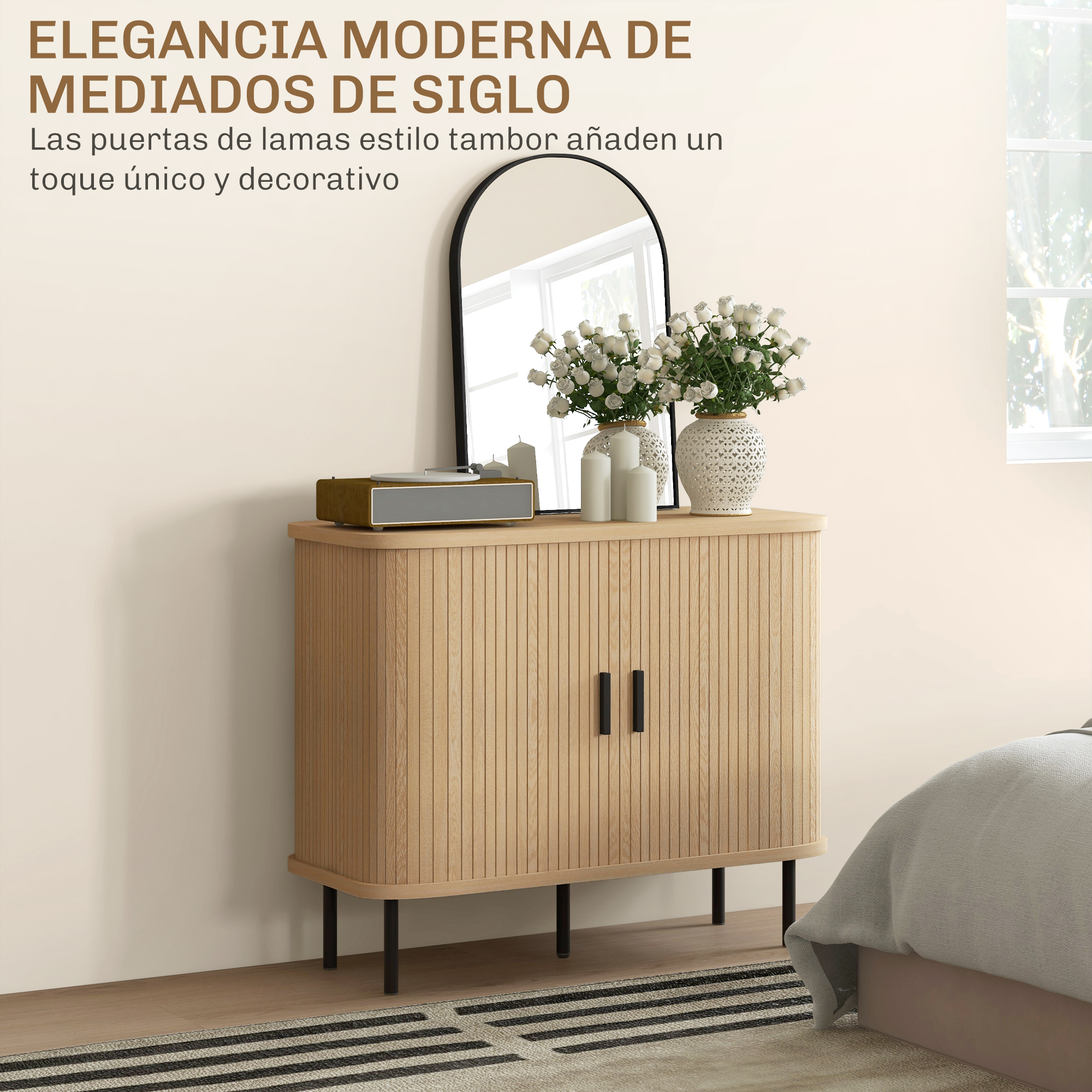Vintage Sideboard With 2 Sliding Tambour Doors In Oak Finish_voghion.com