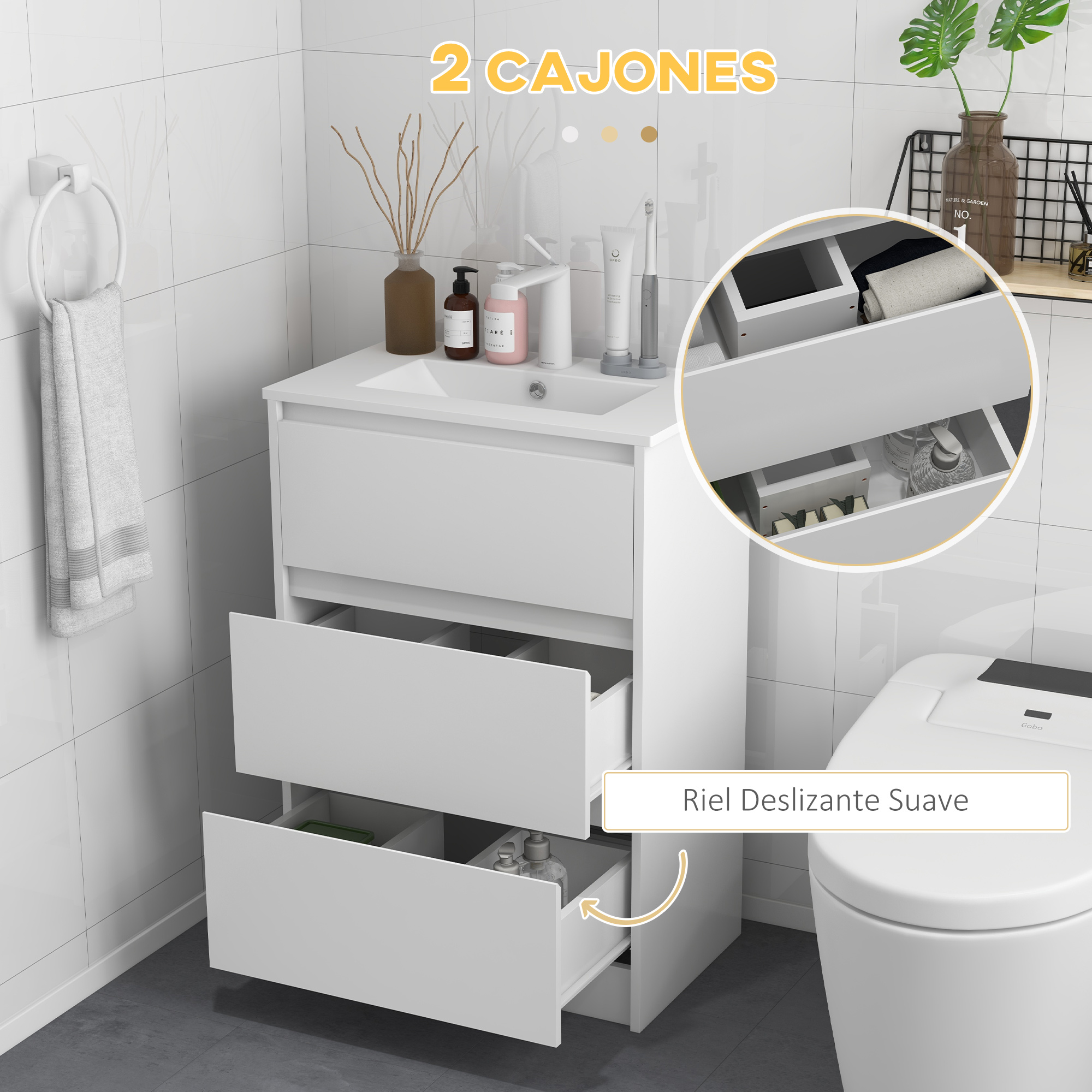 Bathroom Vanity Cabinet With Ceramic Basin And 2 Drawers White_voghion.com