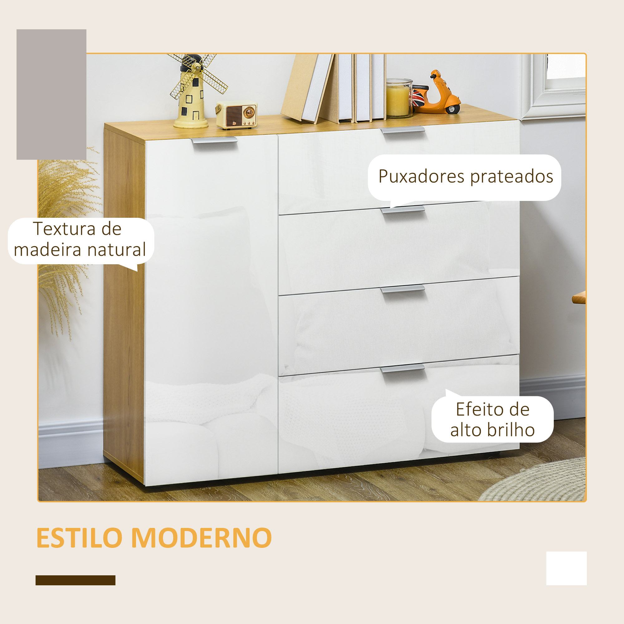 Sideboard Cabinet With 4 Drawers Cupboard And Adjustable Shelves_voghion.com