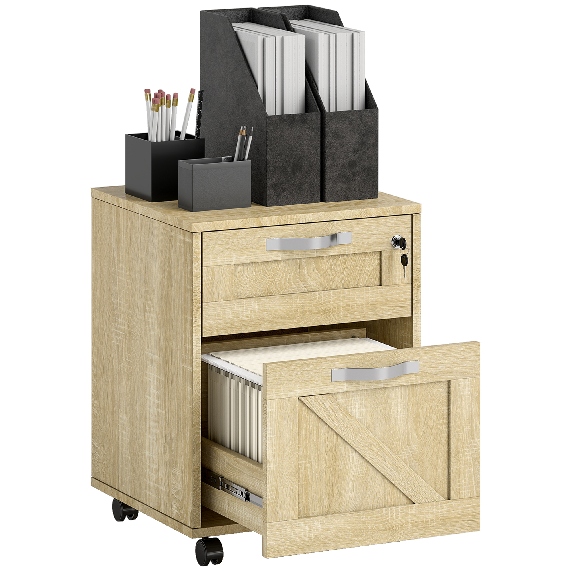 Cajonera De Oficina Con 2 Cajones Cajonera Con Ruedas Con Cerradura Carpetas Colgantes Para Tamaño A4 41x42x56cm Natural_voghion.com