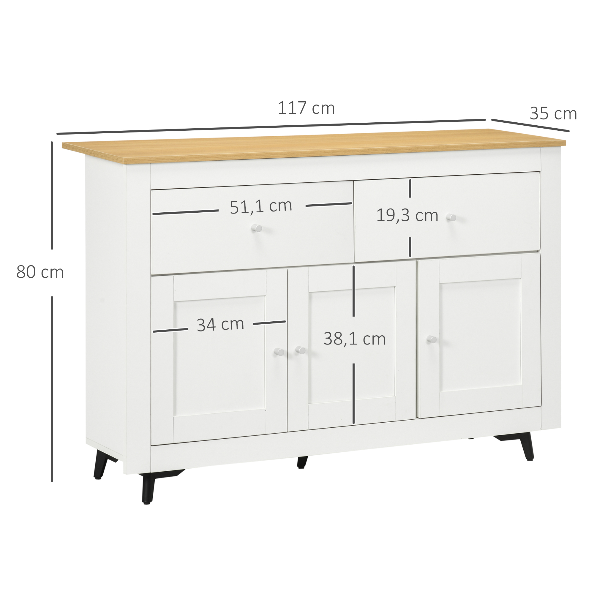 White Kitchen Sideboard With 3 Doors And 2 Drawers Adjustable Shelf_voghion.com