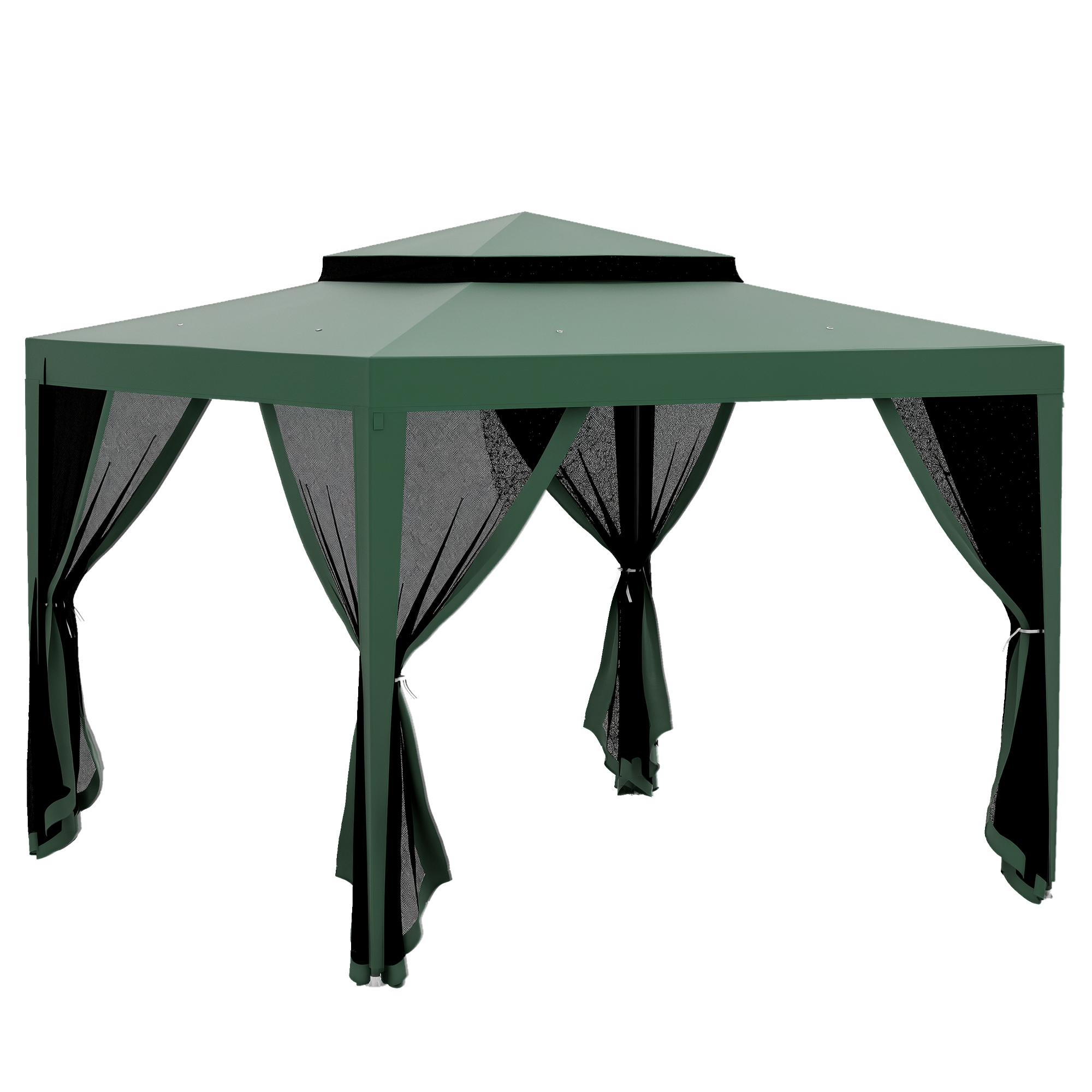Carpa De Jardín 3x3 M Cenador Gazebo Con 4 Mosquiteras Laterales Techo Doble 8 Orificios De Drenaje Marco De Metal Verde_voghion.com