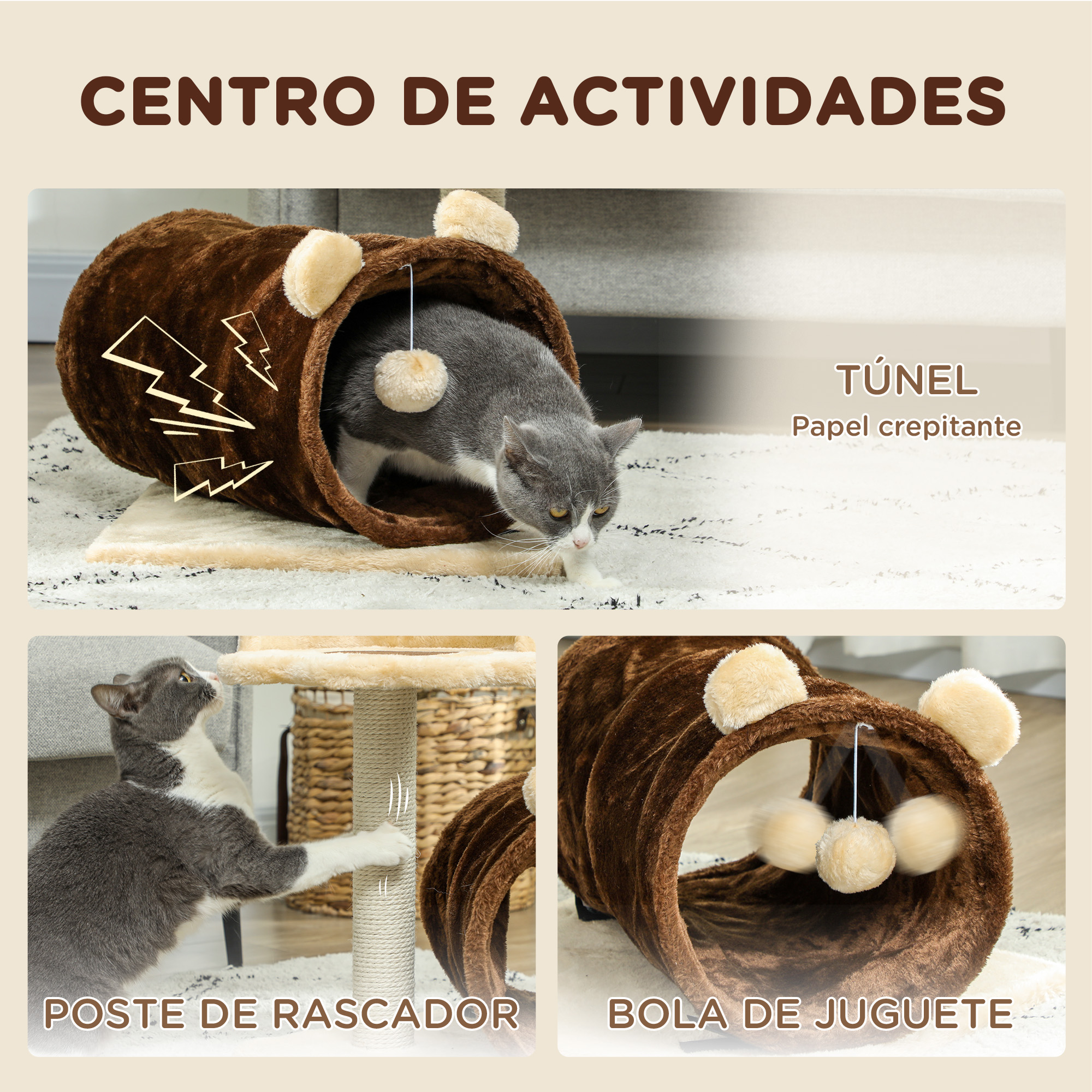 Arbre À Chat Avec Tunnel, Nid, Plateformes Et Jouet, Marron_voghion.com