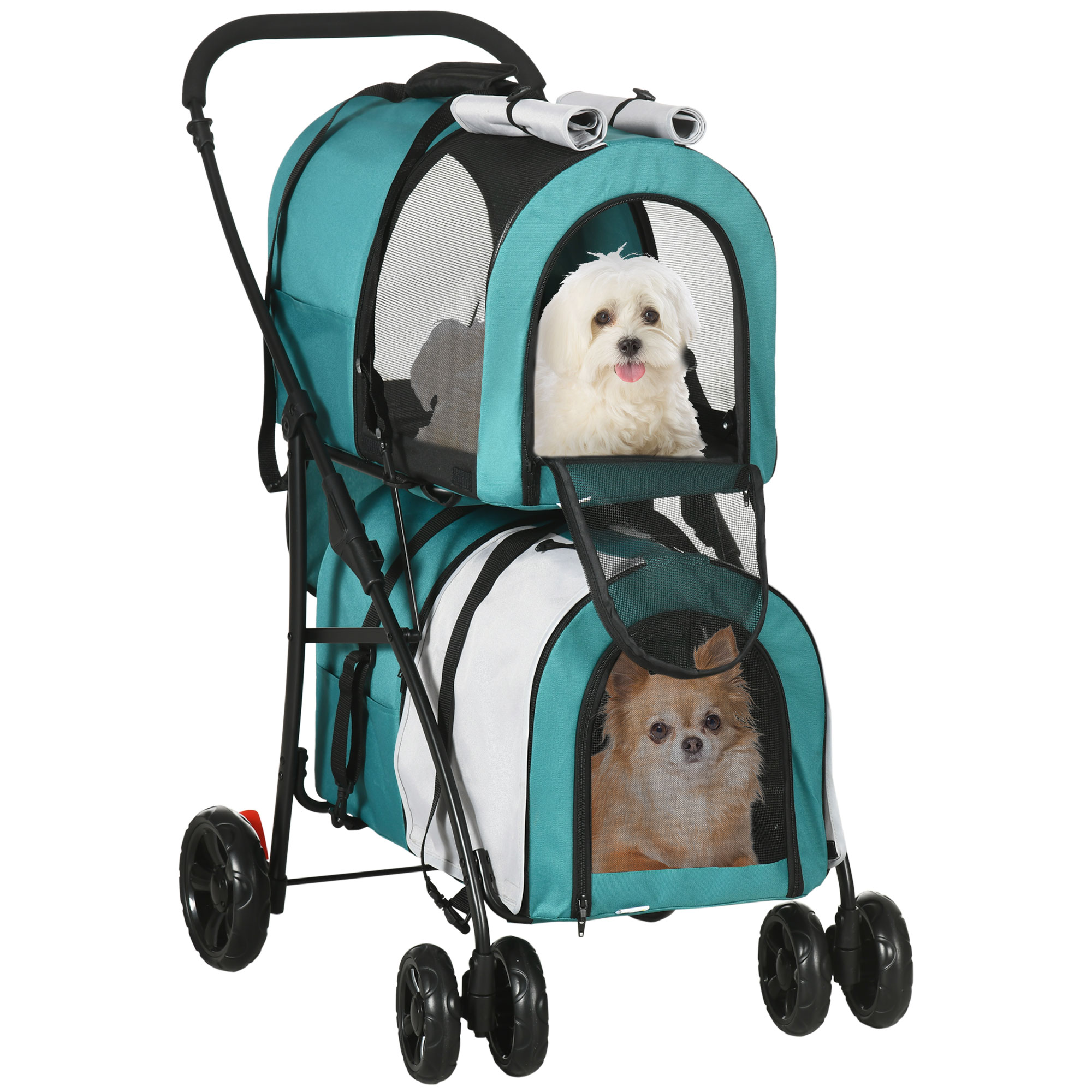 Cochecito Double Para Perros Gatos Plegable Con 2 Transportines Extraíbles Con Cinturón Y Cojines 66x50x98cm Vert Y Gris_voghion.com