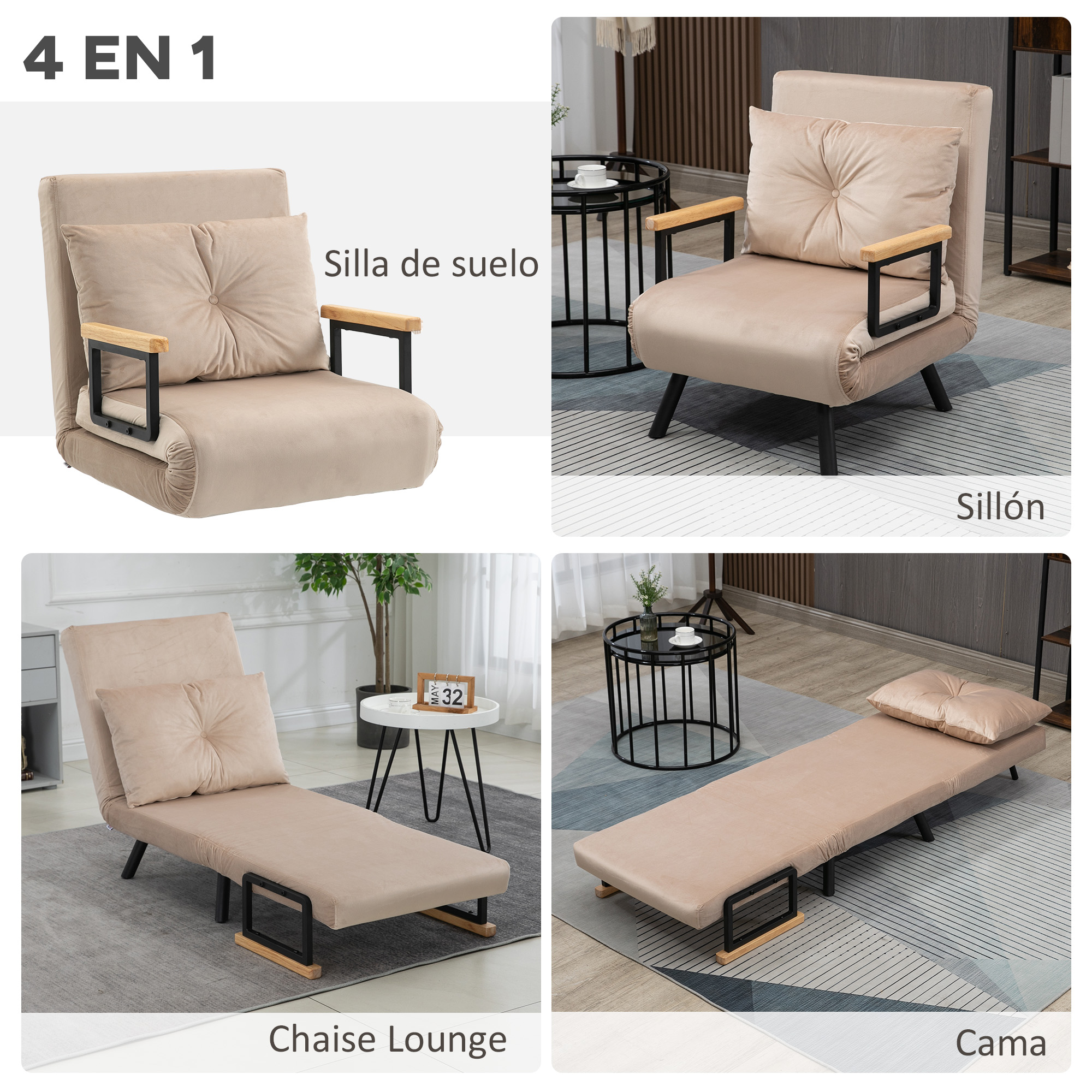 Convertible Single Sofa Bed Adjustable 4 In 1 Chair Bed Beige_voghion.com
