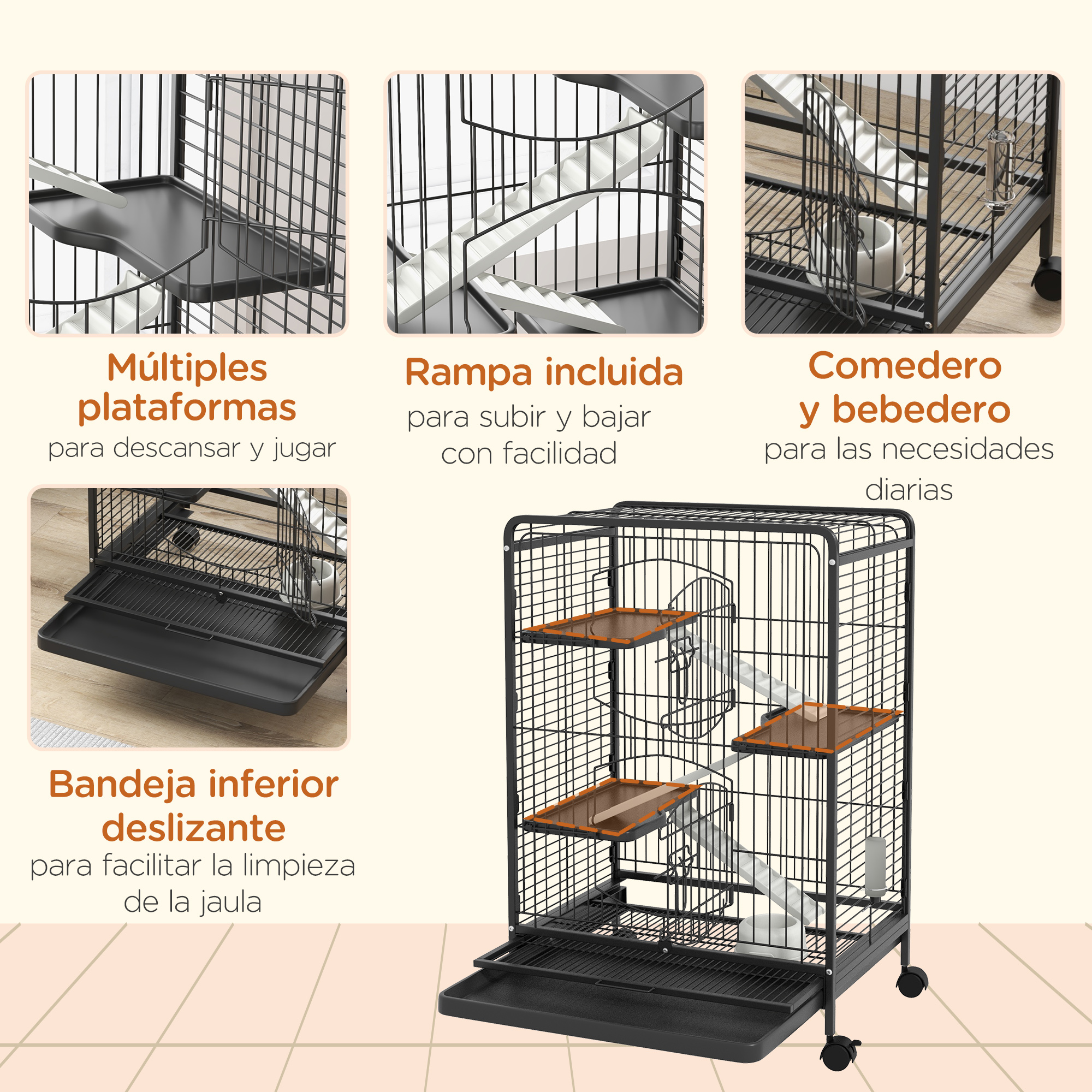 Rodent Cage With Wheels 3 Platforms Tray Feeder And Water Bottle_voghion.com