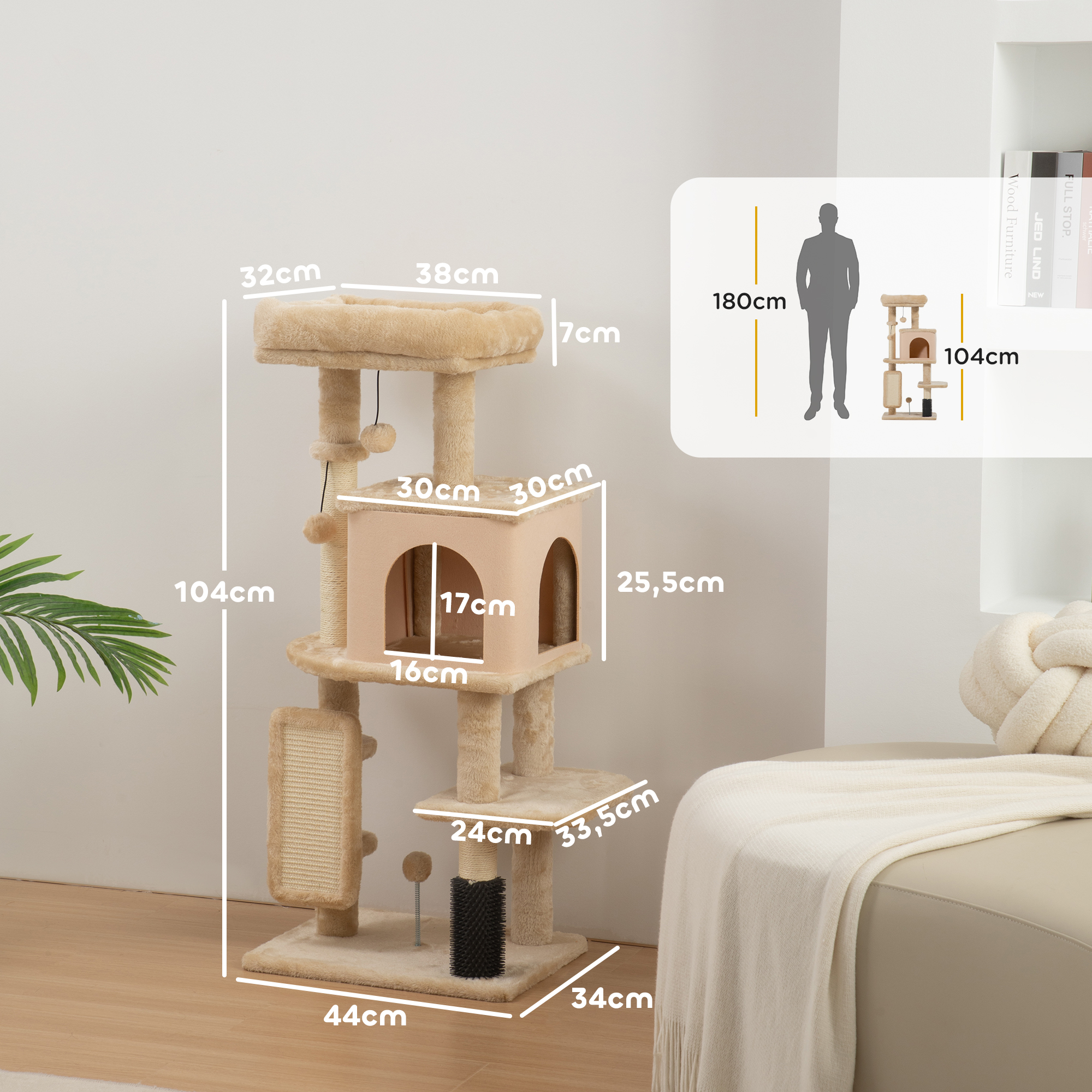 Cat Scratching Tree With Sisal Posts And Hanging Balls Beige_voghion.com