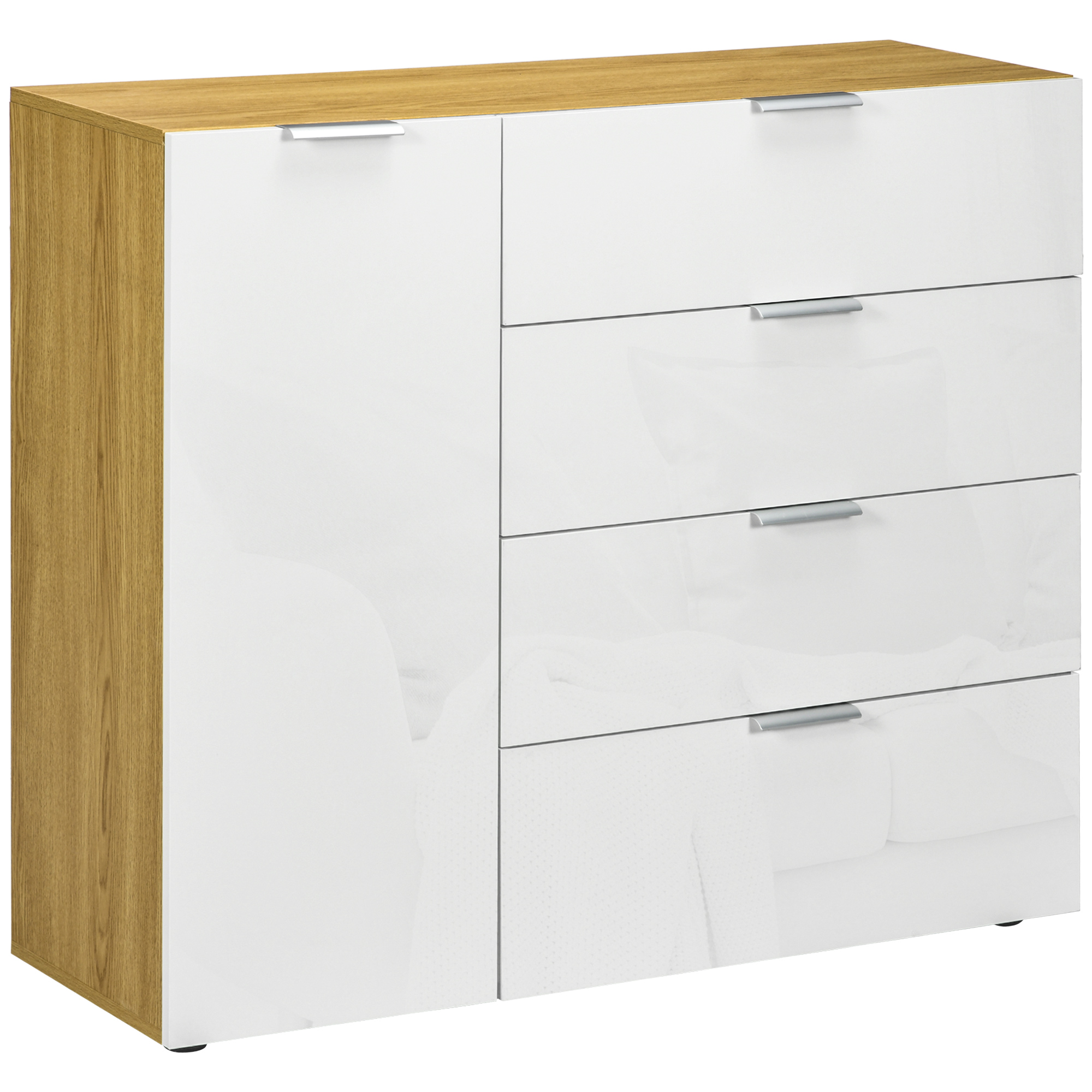 Aparador De Salón Cajonera Y Cómoda Con 4 Cajones Puerta Y Estantes Ajustables 105x35x92 Cm Blanco Y Natural_voghion.com