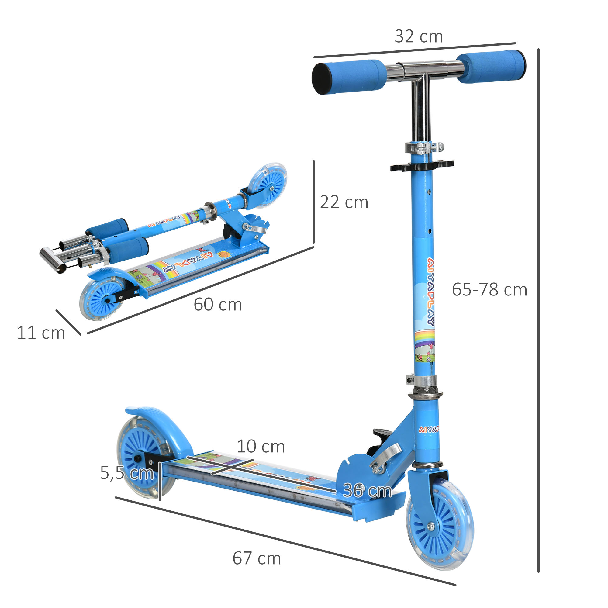 Patinete Infantil Plegable Con Luces Música Altura Ajustable Ruedas Brillantes Pedal LED Carga 50kg 67x32x65-78 Cm Azul_desvips.com