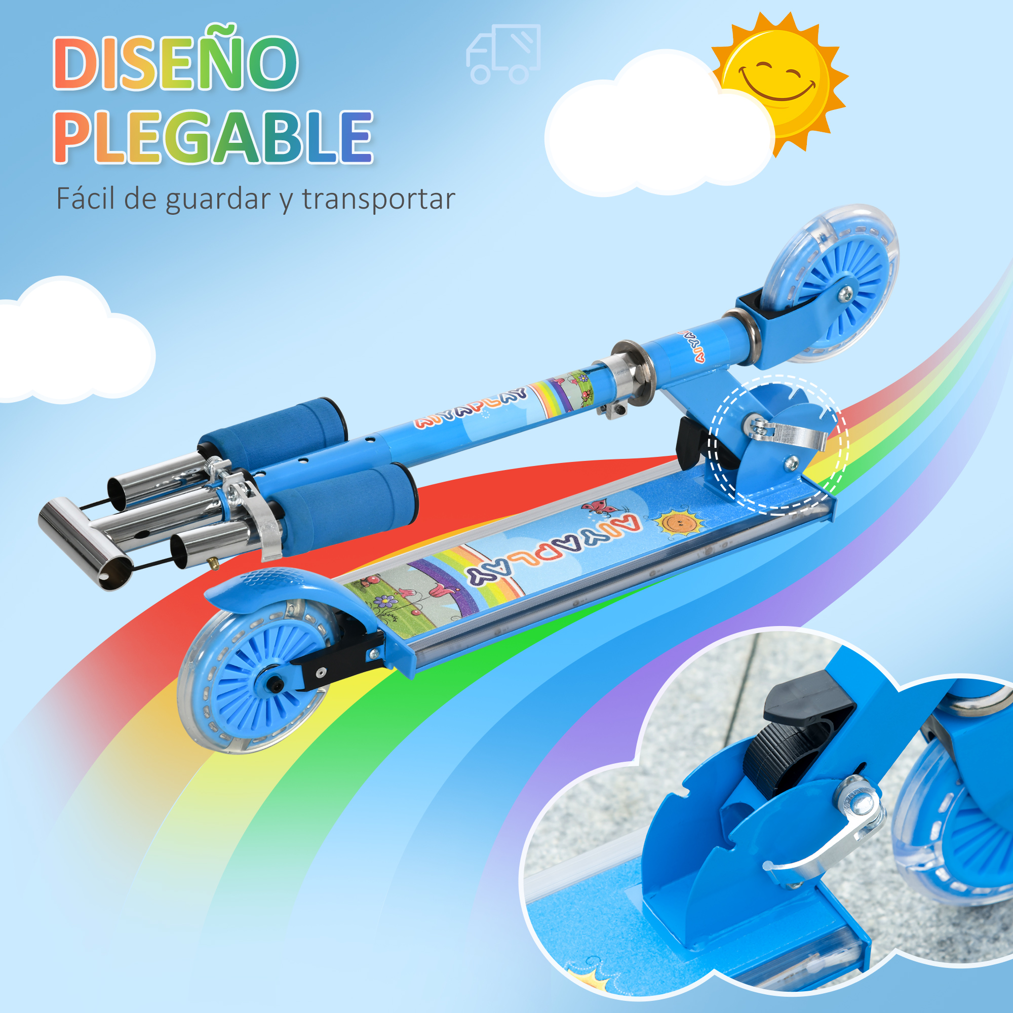 Patinete Infantil Plegable Con Luces Música Altura Ajustable Ruedas Brillantes Pedal LED Carga 50kg 67x32x65-78 Cm Azul_desvips.com