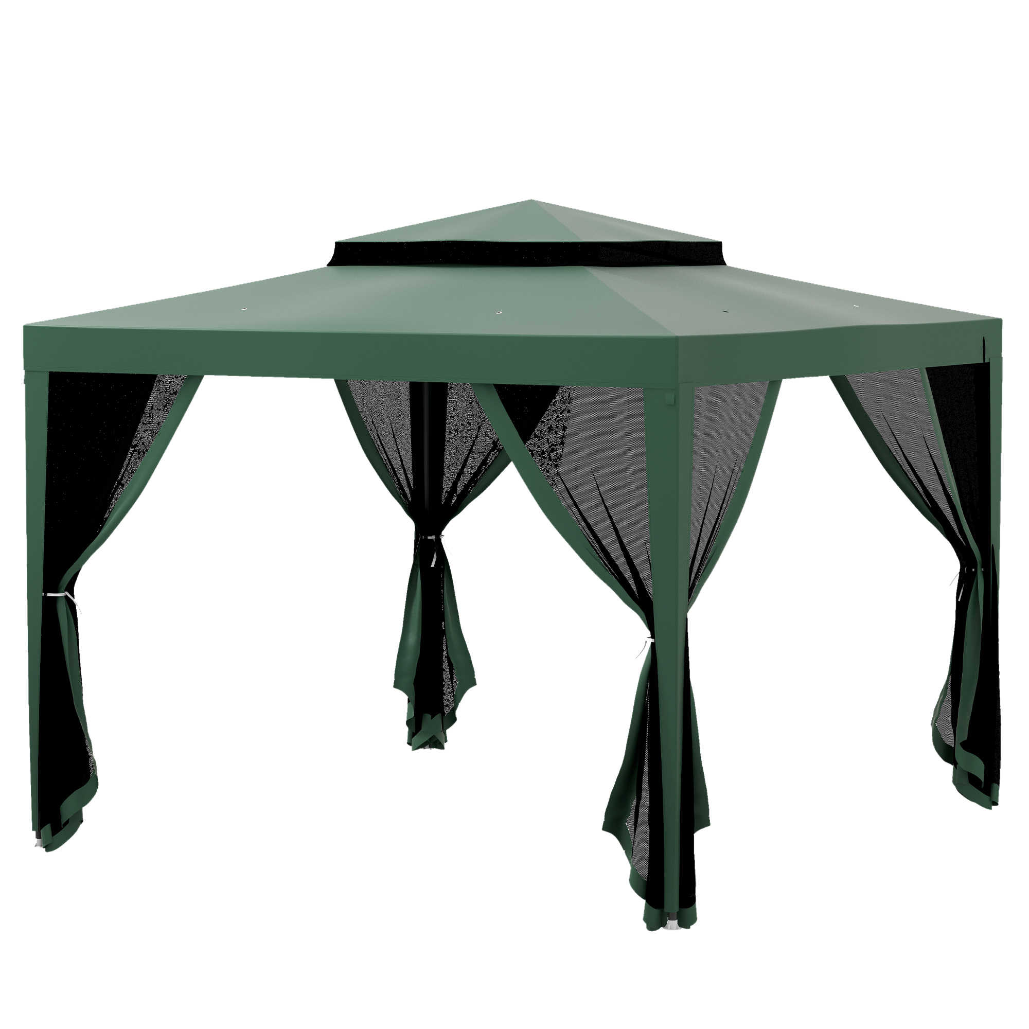 Carpa De Jardín 3x3 M Cenador Gazebo Con 4 Mosquiteras Laterales Techo Doble 8 Orificios De Drenaje Marco De Metal Verde_desvips.com