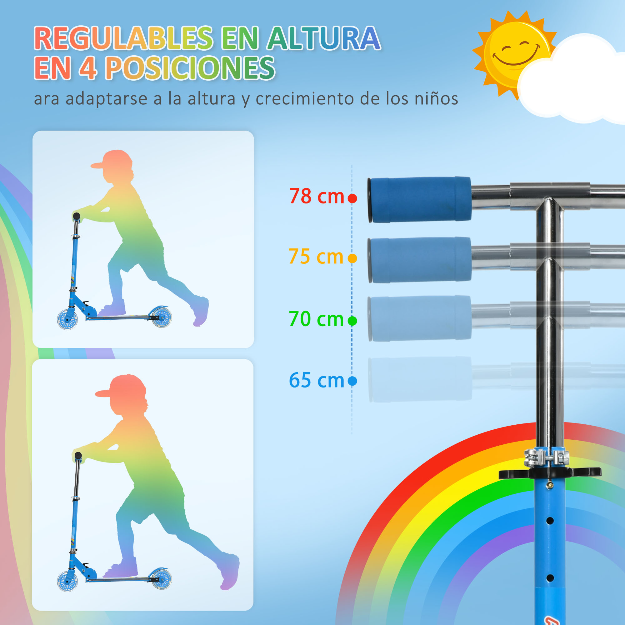 Patinete Infantil Plegable Con Luces Música Altura Ajustable Ruedas Brillantes Pedal LED Carga 50kg 67x32x65-78 Cm Azul_desvips.com