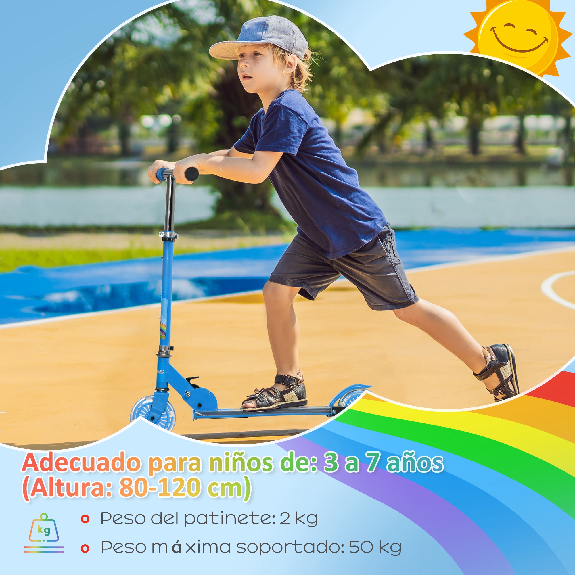Patinete Infantil Plegable Con Luces Música Altura Ajustable Ruedas Brillantes Pedal LED Carga 50kg 67x32x65-78 Cm Azul_desvips.com