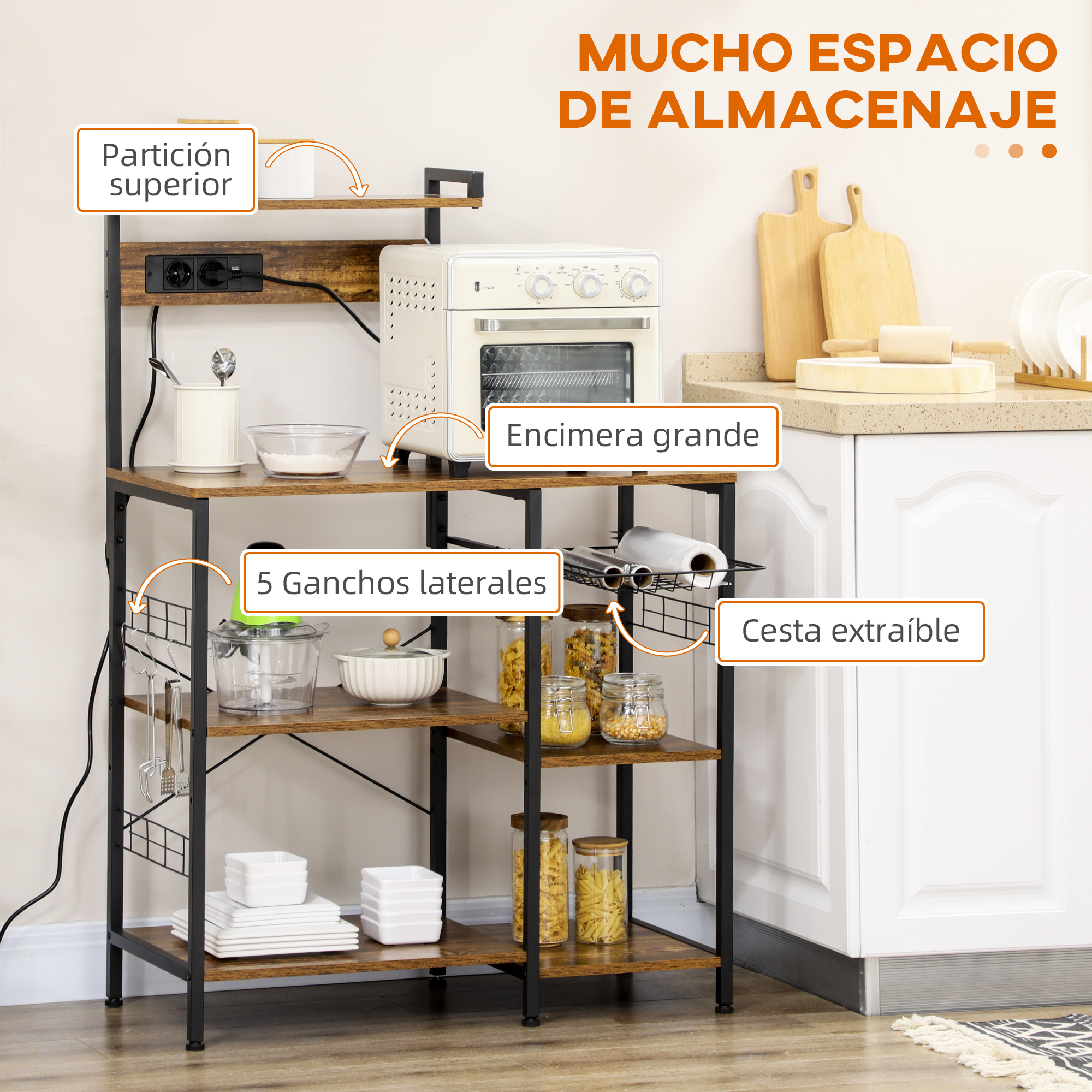 Rustic Kitchen Microwave Stand With Usb Charging Port And Hooks_voghion.com