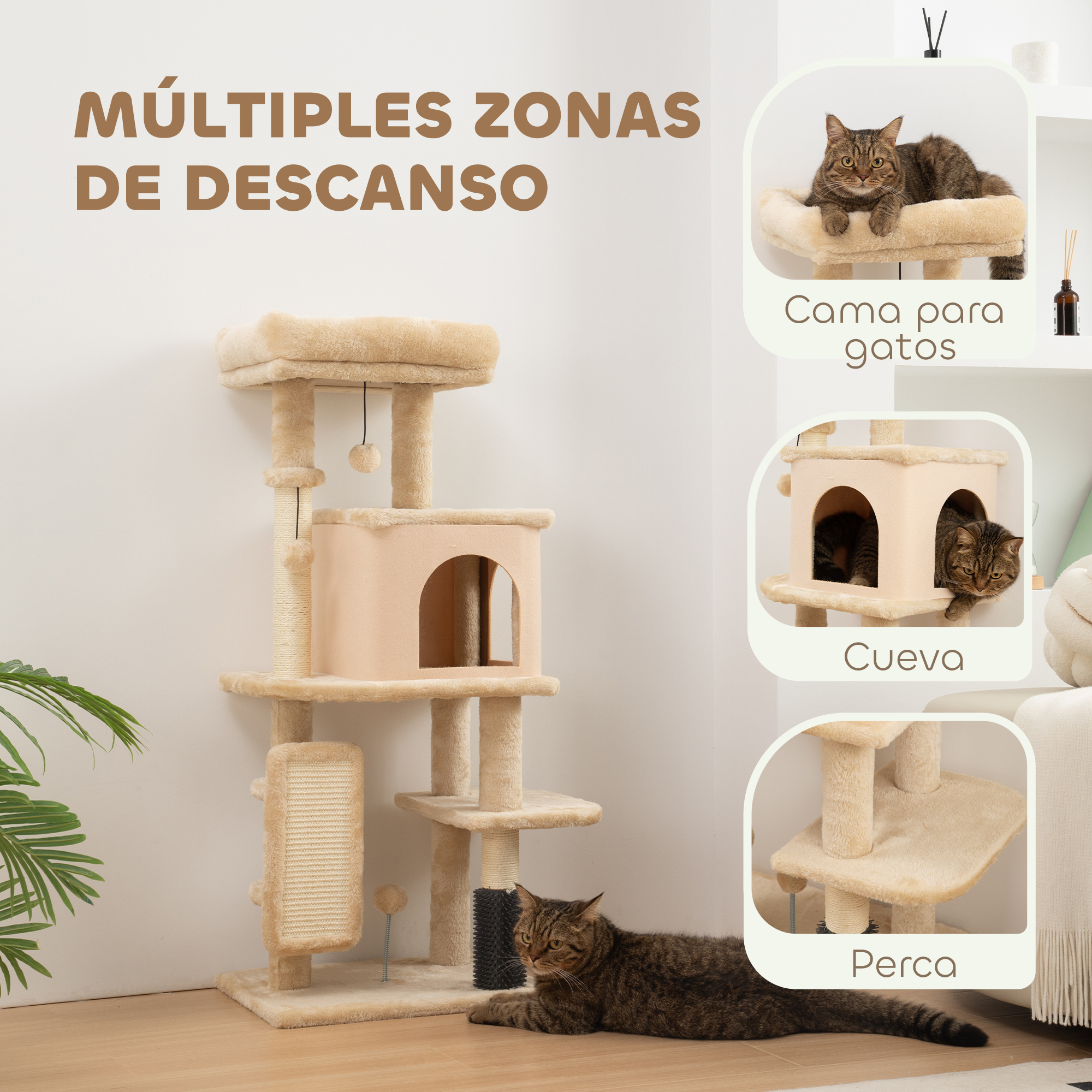 Cat Scratching Tree With Sisal Posts And Hanging Balls Beige_voghion.com