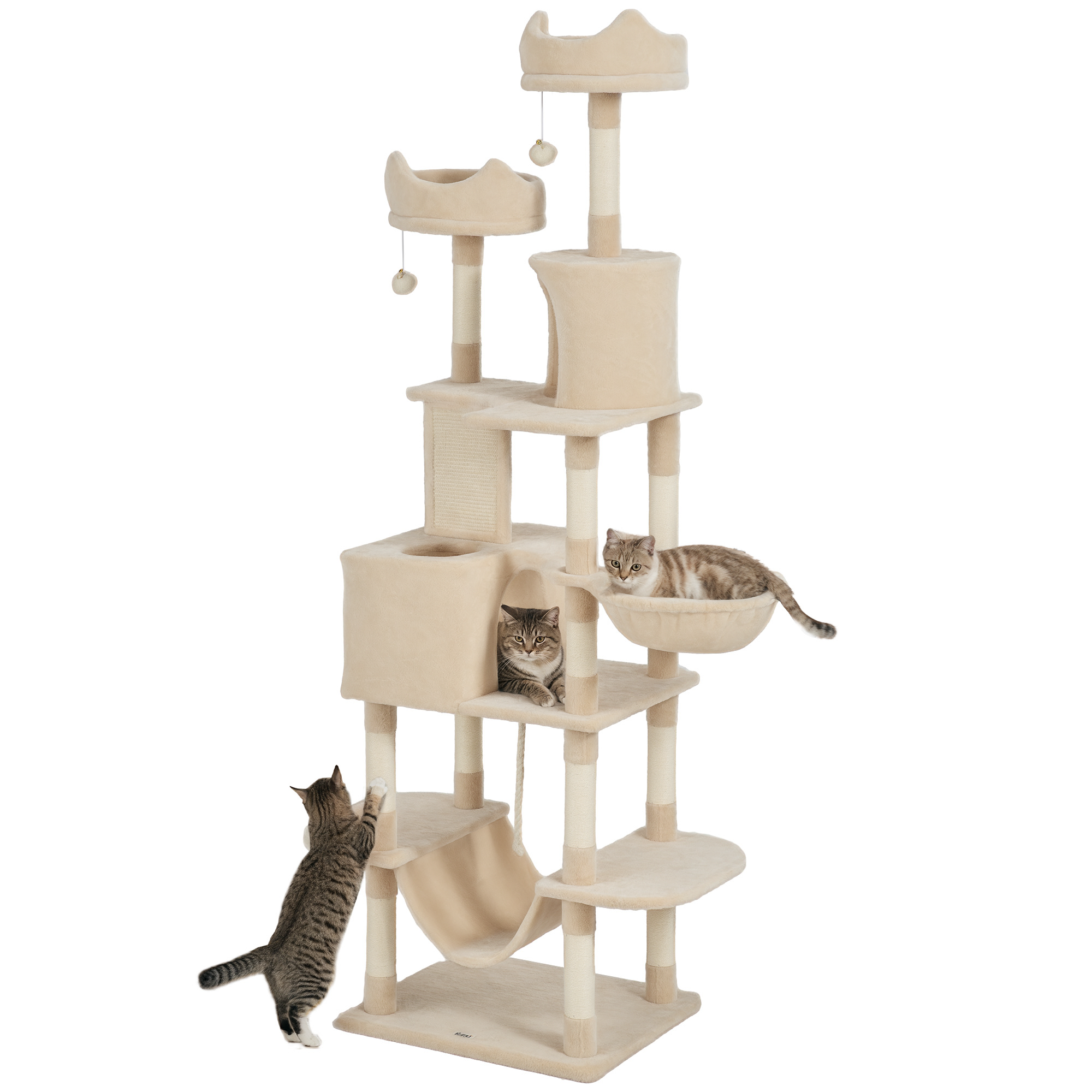 Árbol Rascador Para Gatos Grande Altura 206 Cm Con Múltiples Niveles Cuevas Bolas Colgantes Y Hamacas Beige_voghion.com