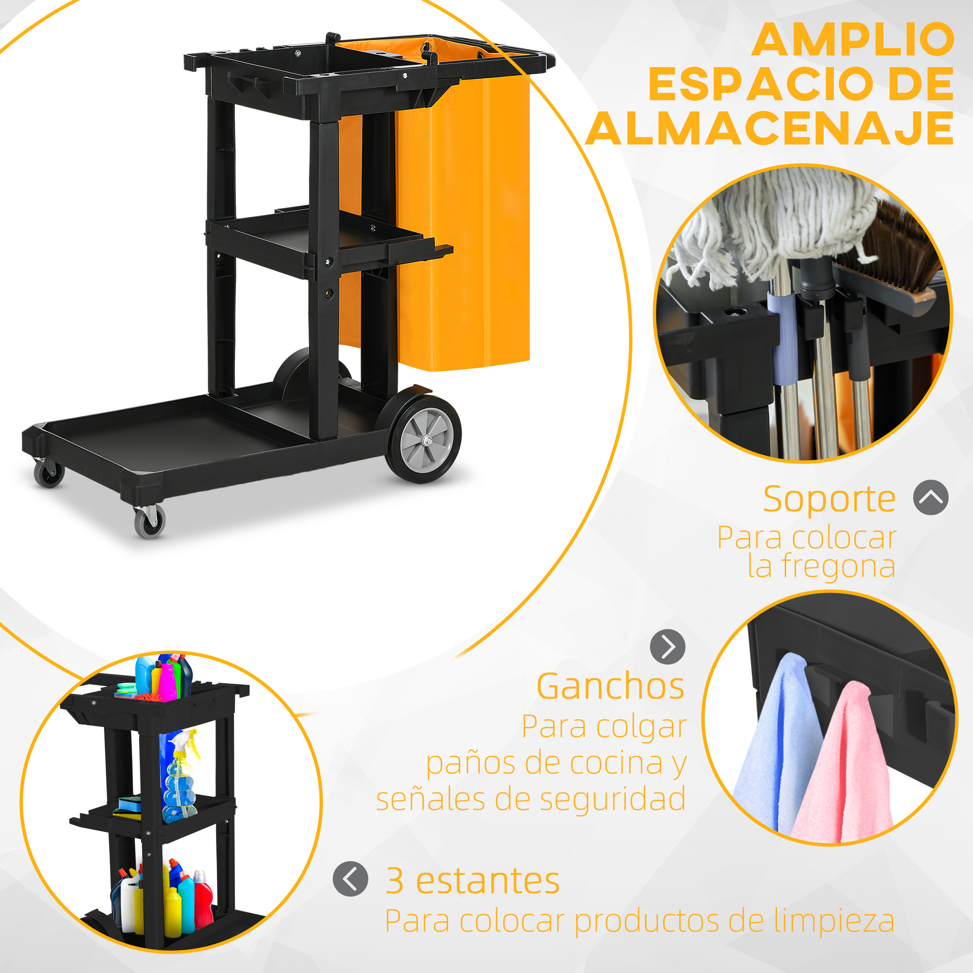 Cleaning Trolley With Bag Wheels And 3 Shelves For Hotels Yellow_voghion.com