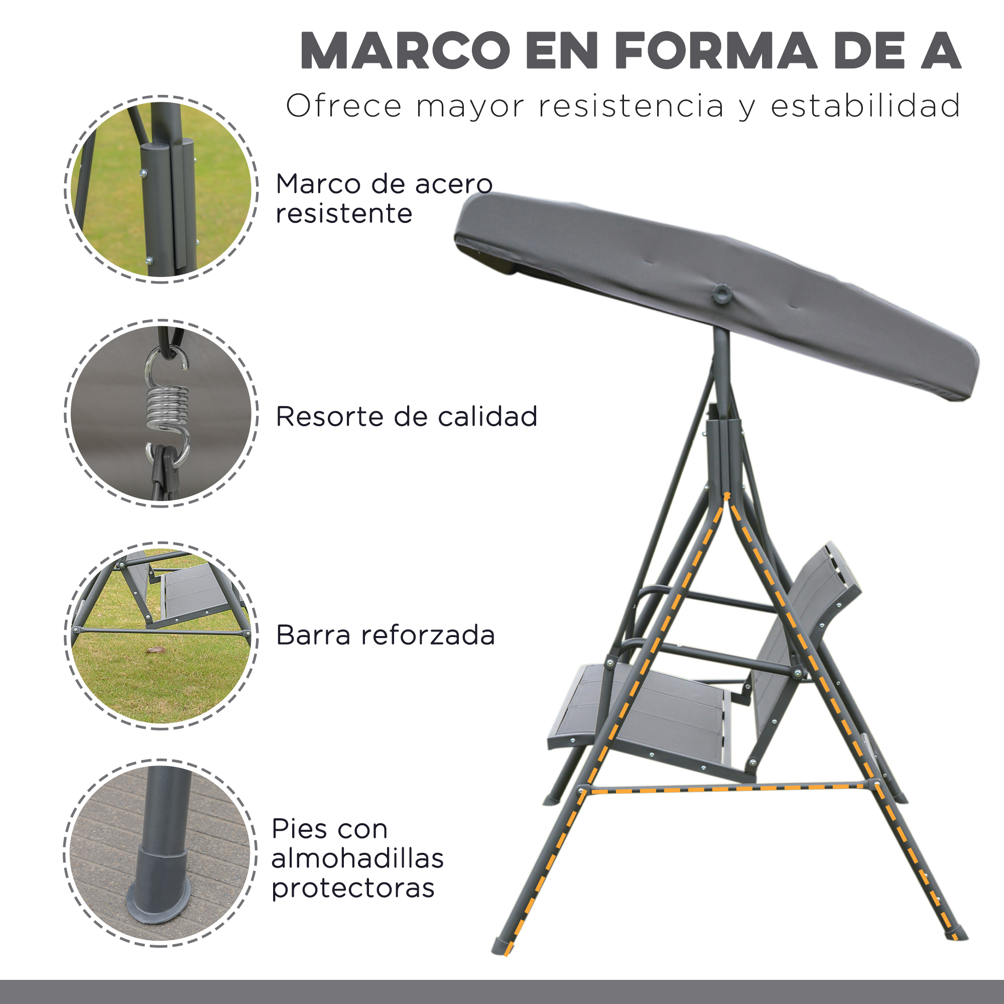 Balançoire de jardin 3 places avec toit ajustable et structure_voghion.com
