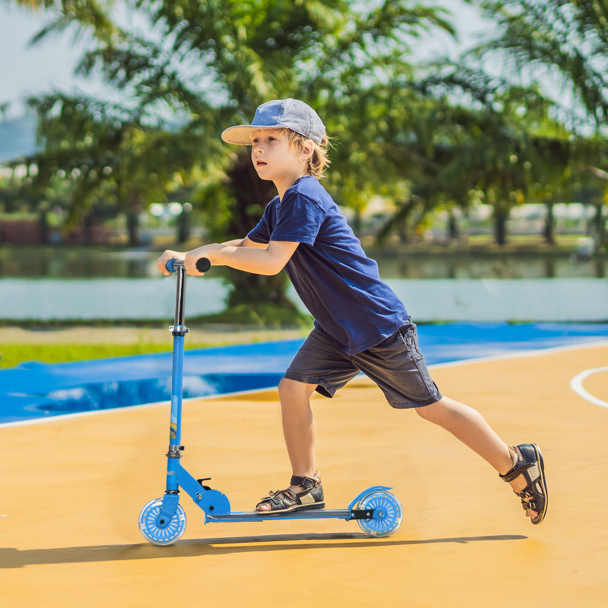 Patinete Infantil Plegable Con Luces Música Altura Ajustable Ruedas Brillantes Pedal LED Carga 50kg 67x32x65-78 Cm Azul_desvips.com