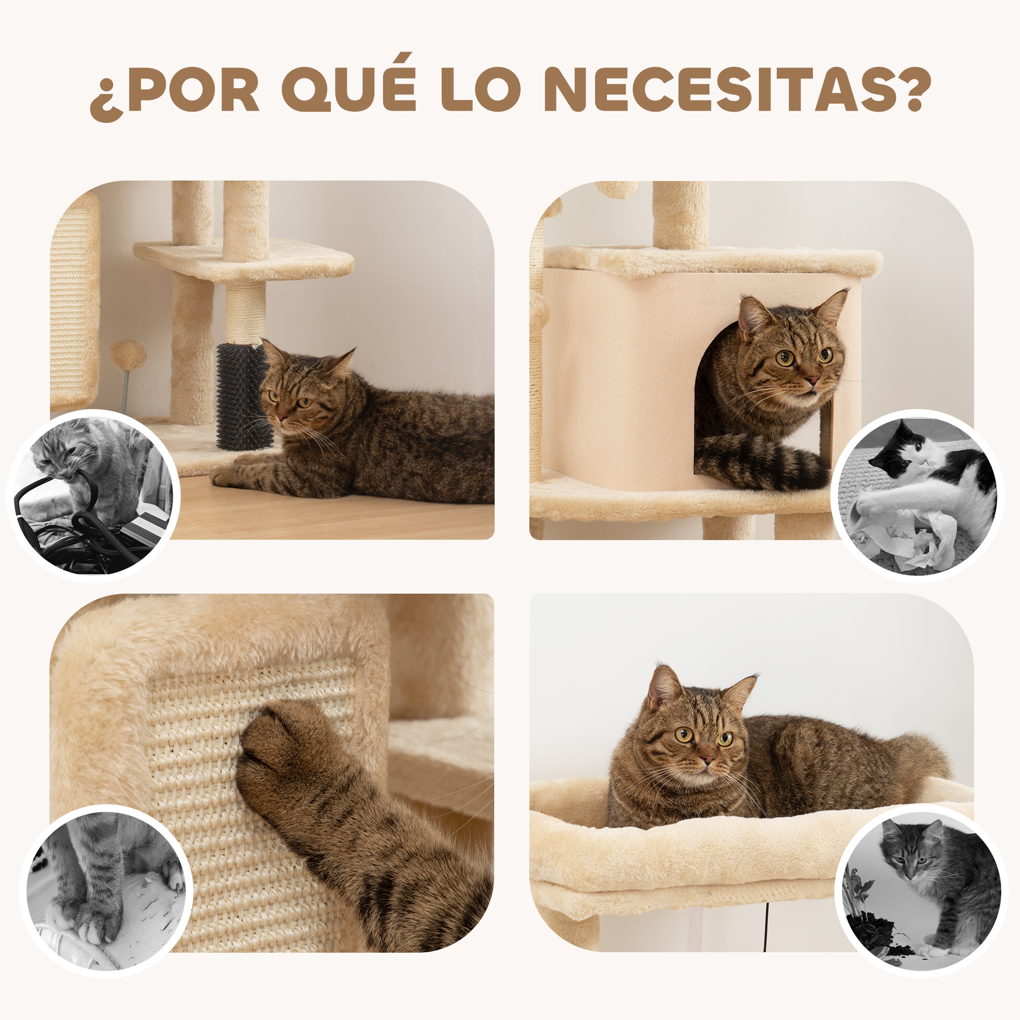 Cat Scratching Tree With Sisal Posts And Hanging Balls Beige_voghion.com