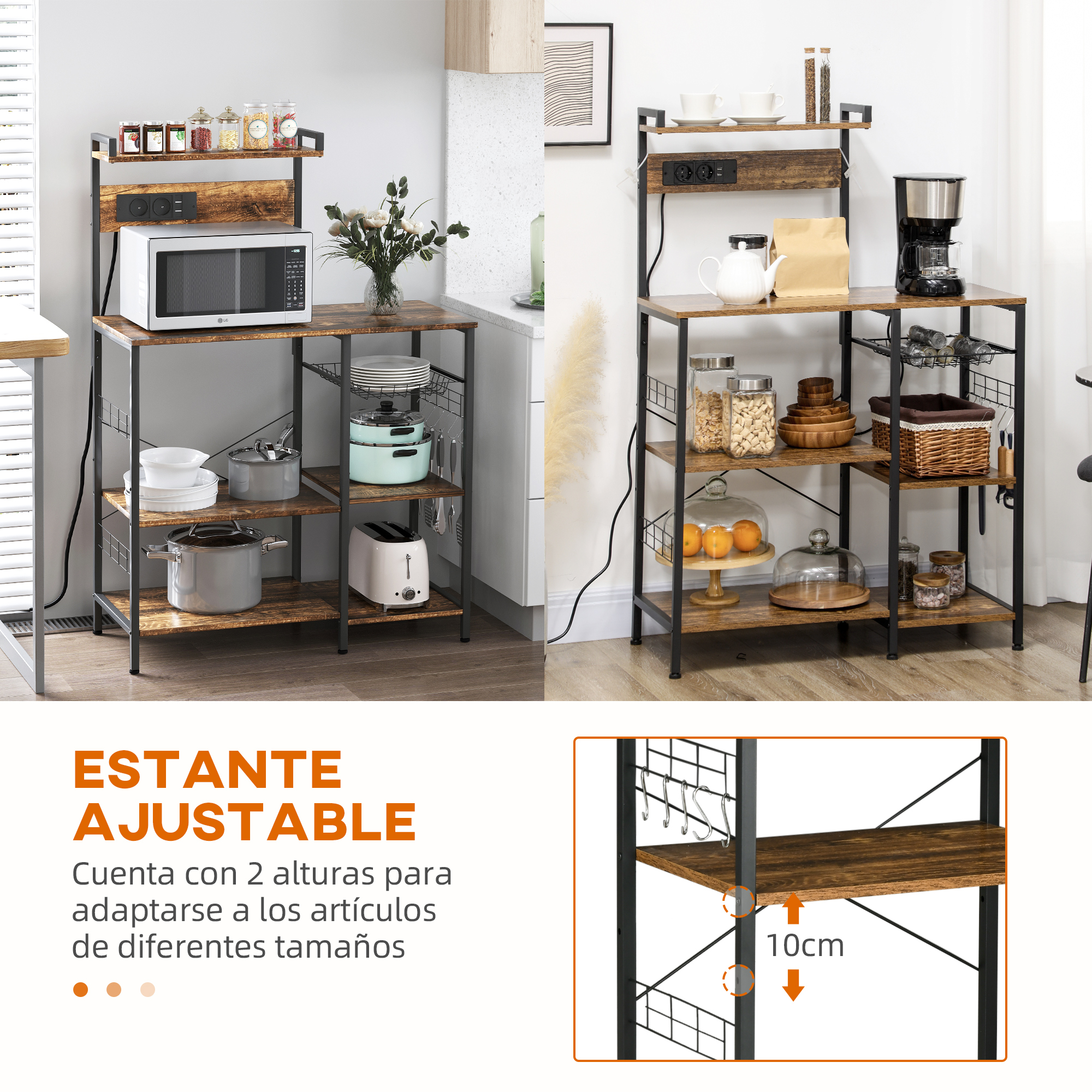 Rustic Kitchen Microwave Stand With Usb Charging Port And Hooks_voghion.com