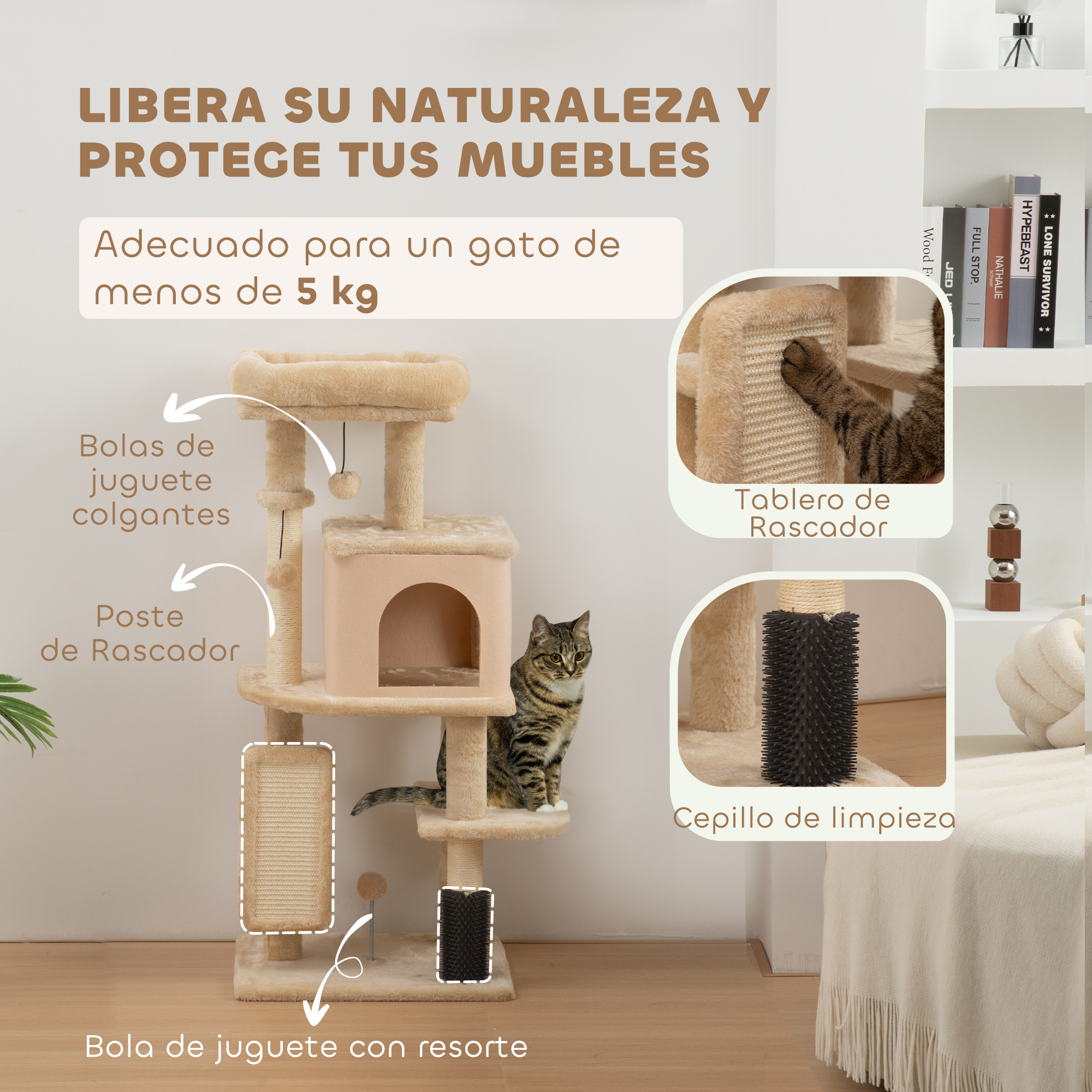 Cat Scratching Tree With Sisal Posts And Hanging Balls Beige_voghion.com