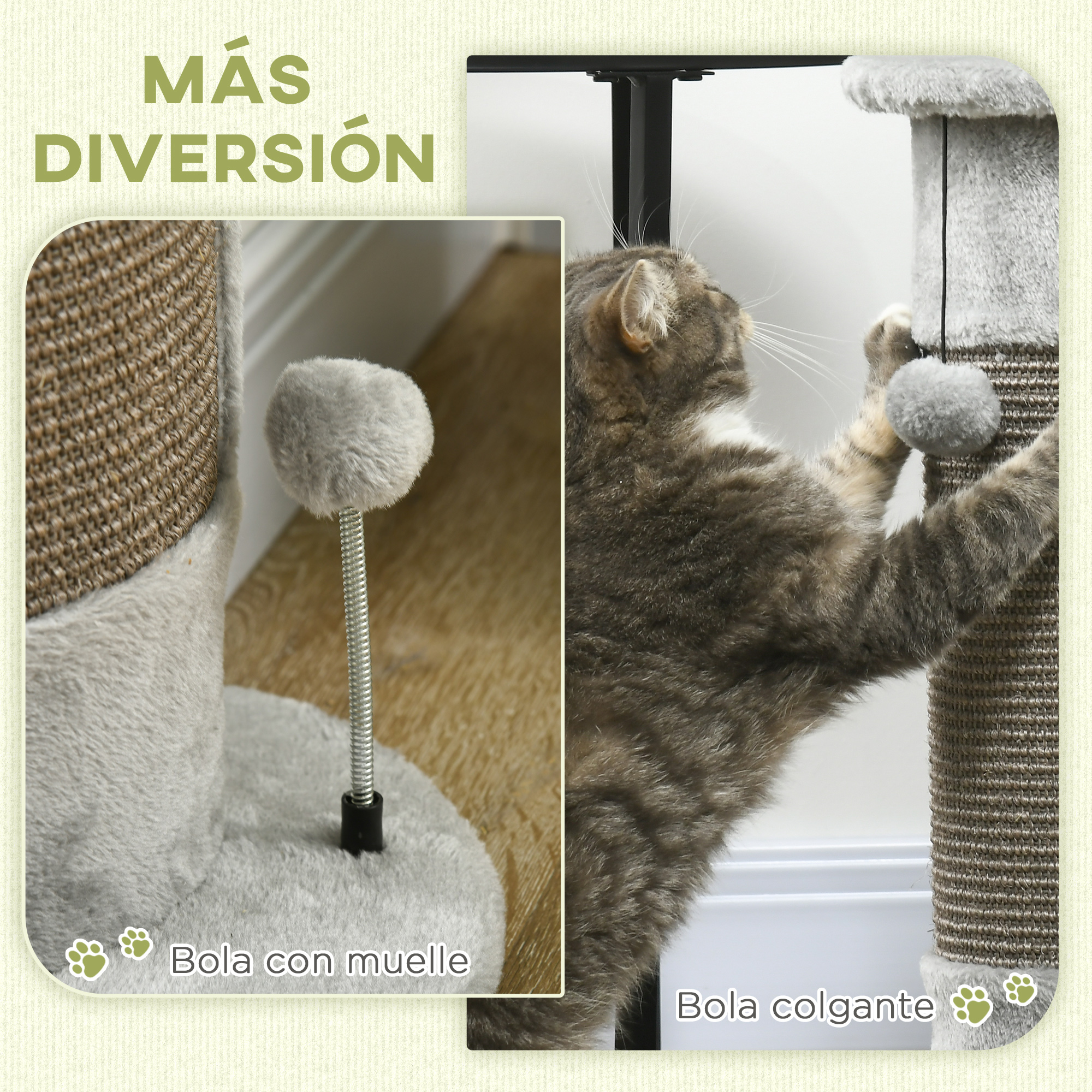 Cat Scratching Post With Sisal Pole And Hanging Toy Balls Grey_voghion.com
