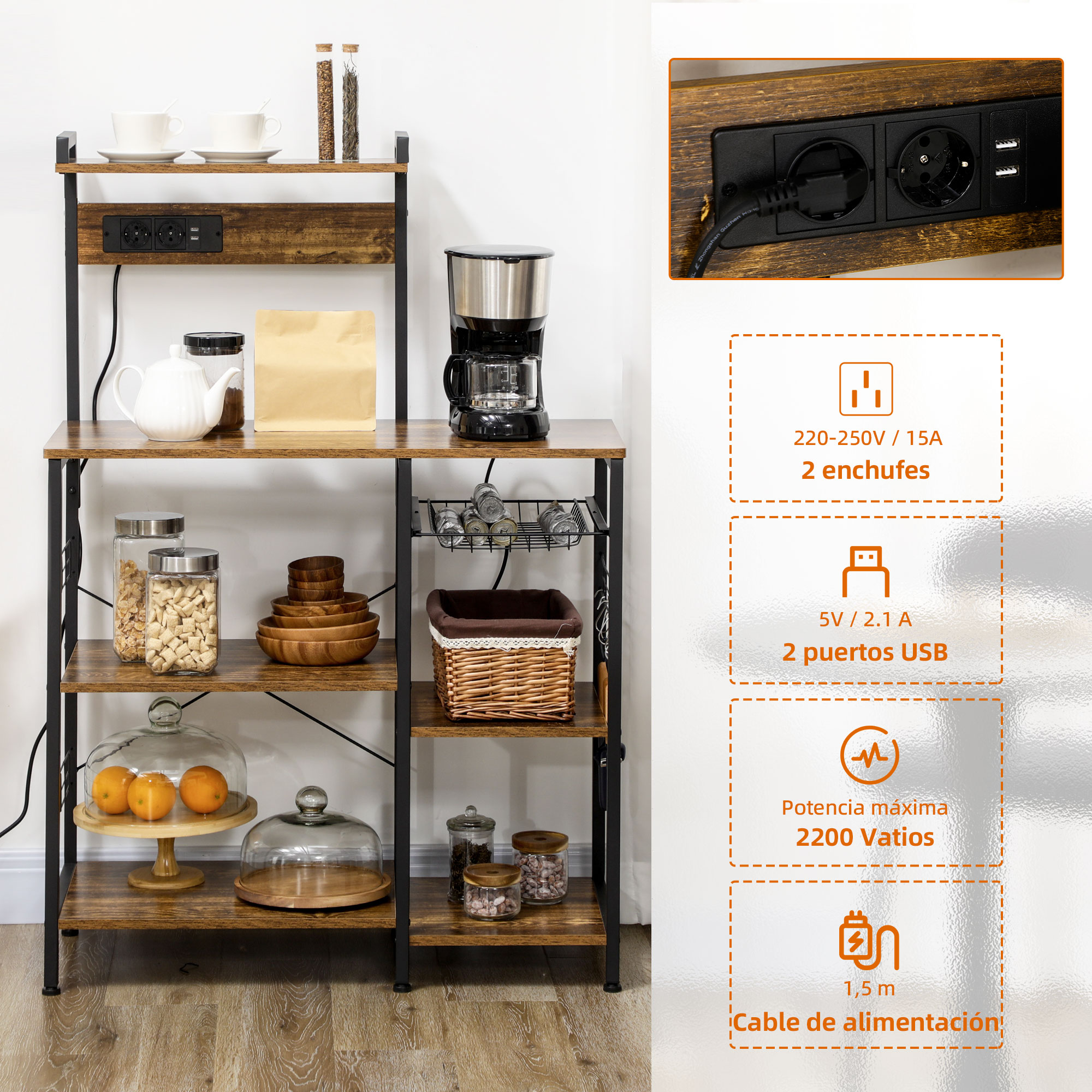 Rustic Kitchen Microwave Stand With Usb Charging Port And Hooks_voghion.com