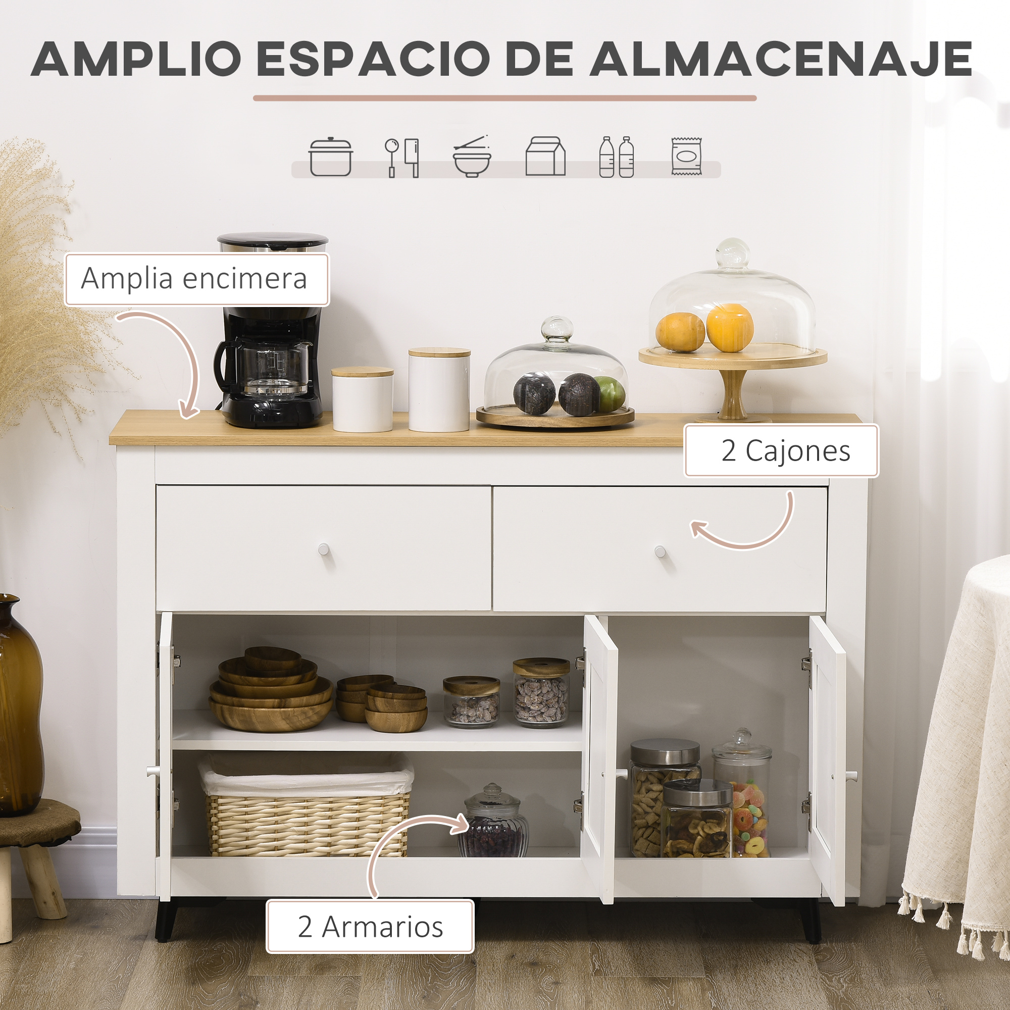 White Kitchen Sideboard With 3 Doors And 2 Drawers Adjustable Shelf_voghion.com