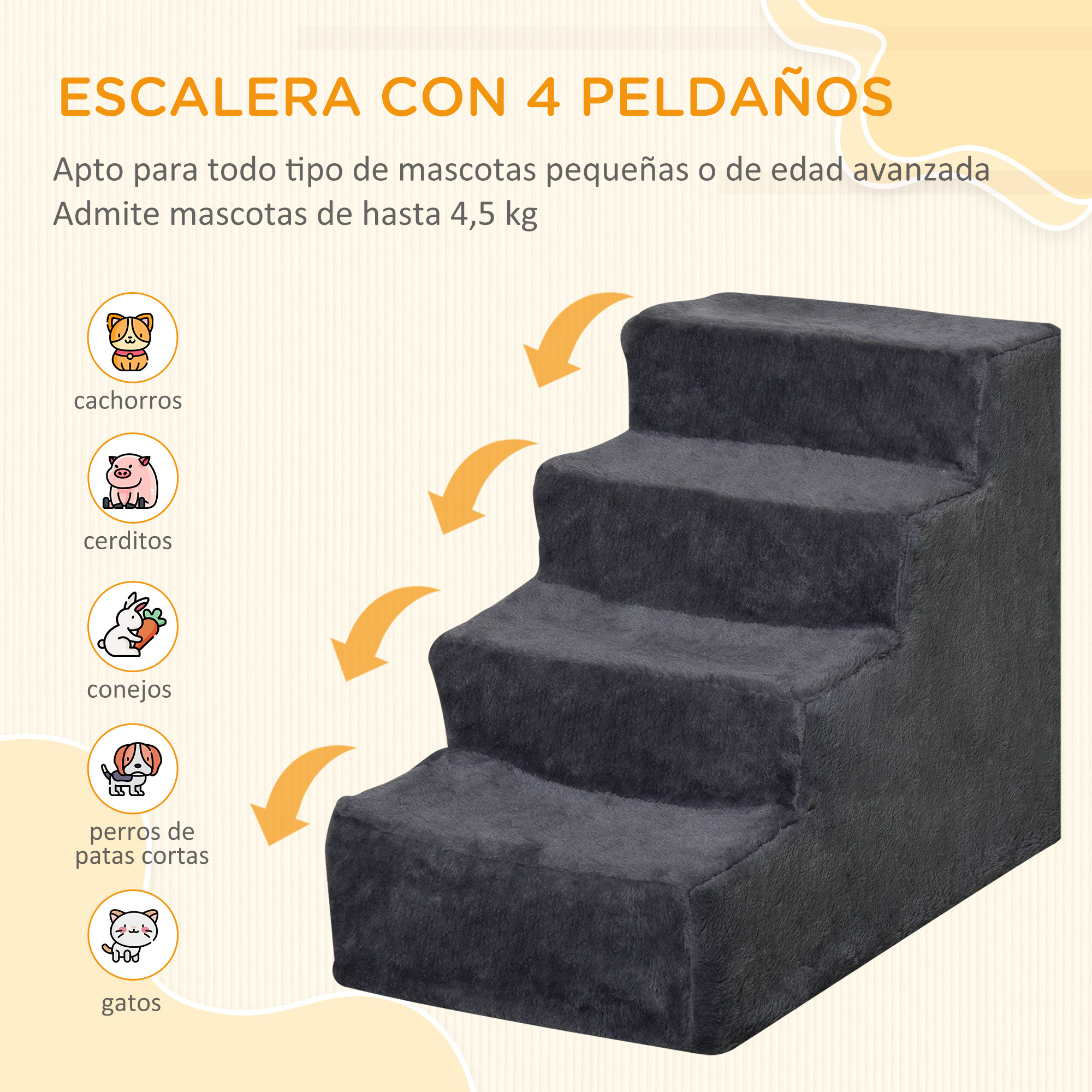 Escalera Para Mascotas De 4 Peldaños Con Funda Lavable Y Extraíble_voghion.com