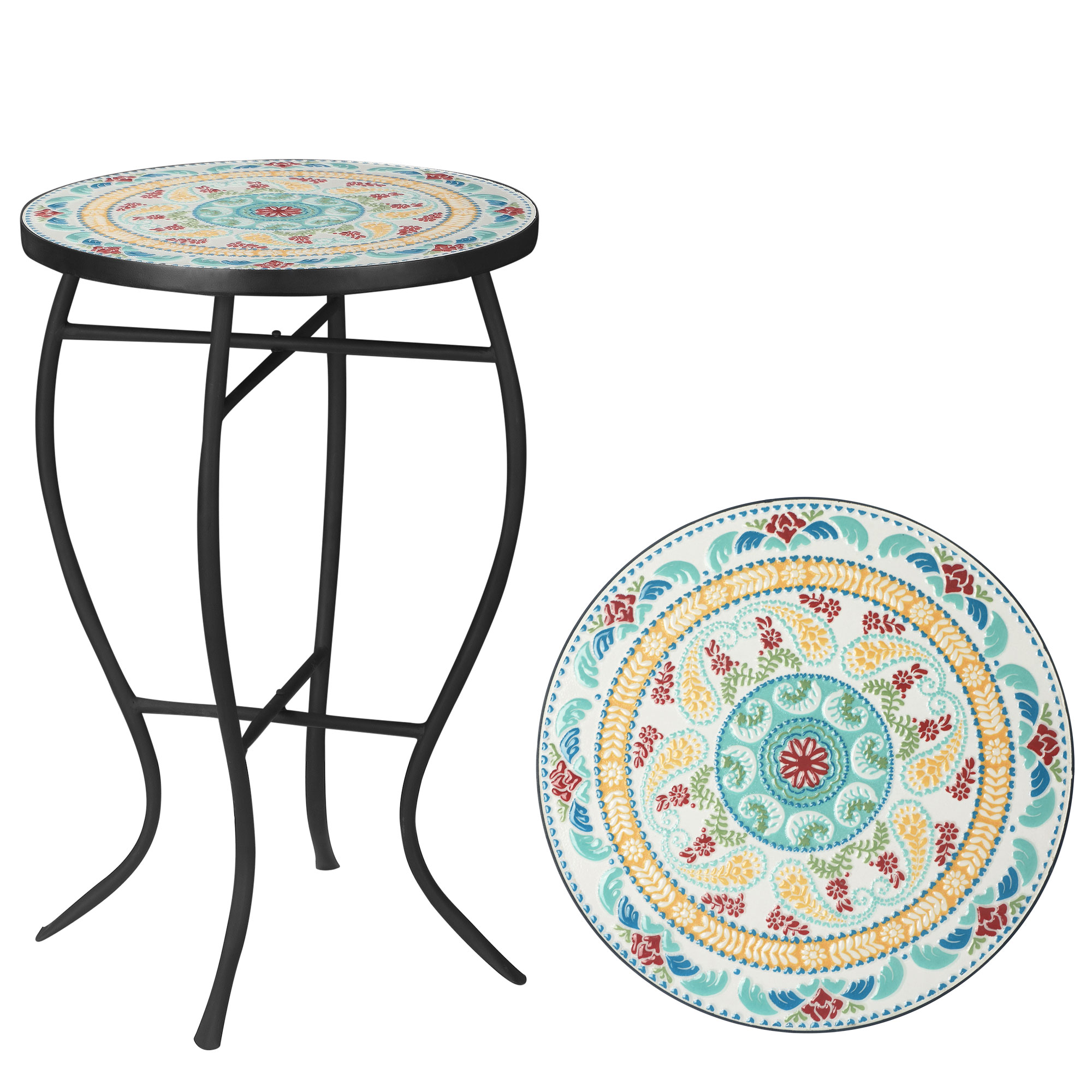 Mesa De Jardín Redonda Mesa Auxiliar De Mosaico Con Patas De Metal Para Patio Terraza Exterior Balcón 35,5x35,5x53,5 Cm Turquesa_voghion.com