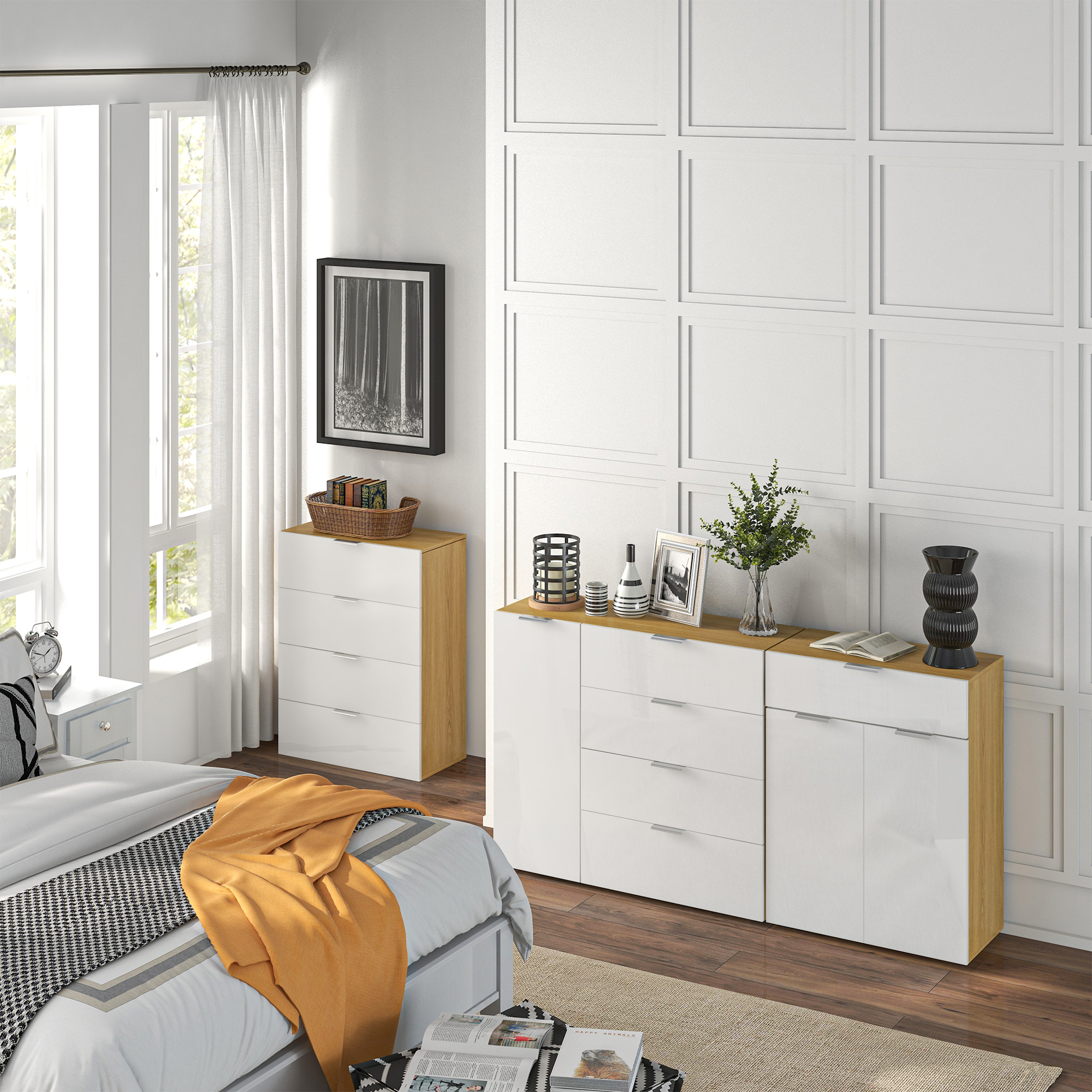 Sideboard Cabinet With 4 Drawers Cupboard And Adjustable Shelves_voghion.com