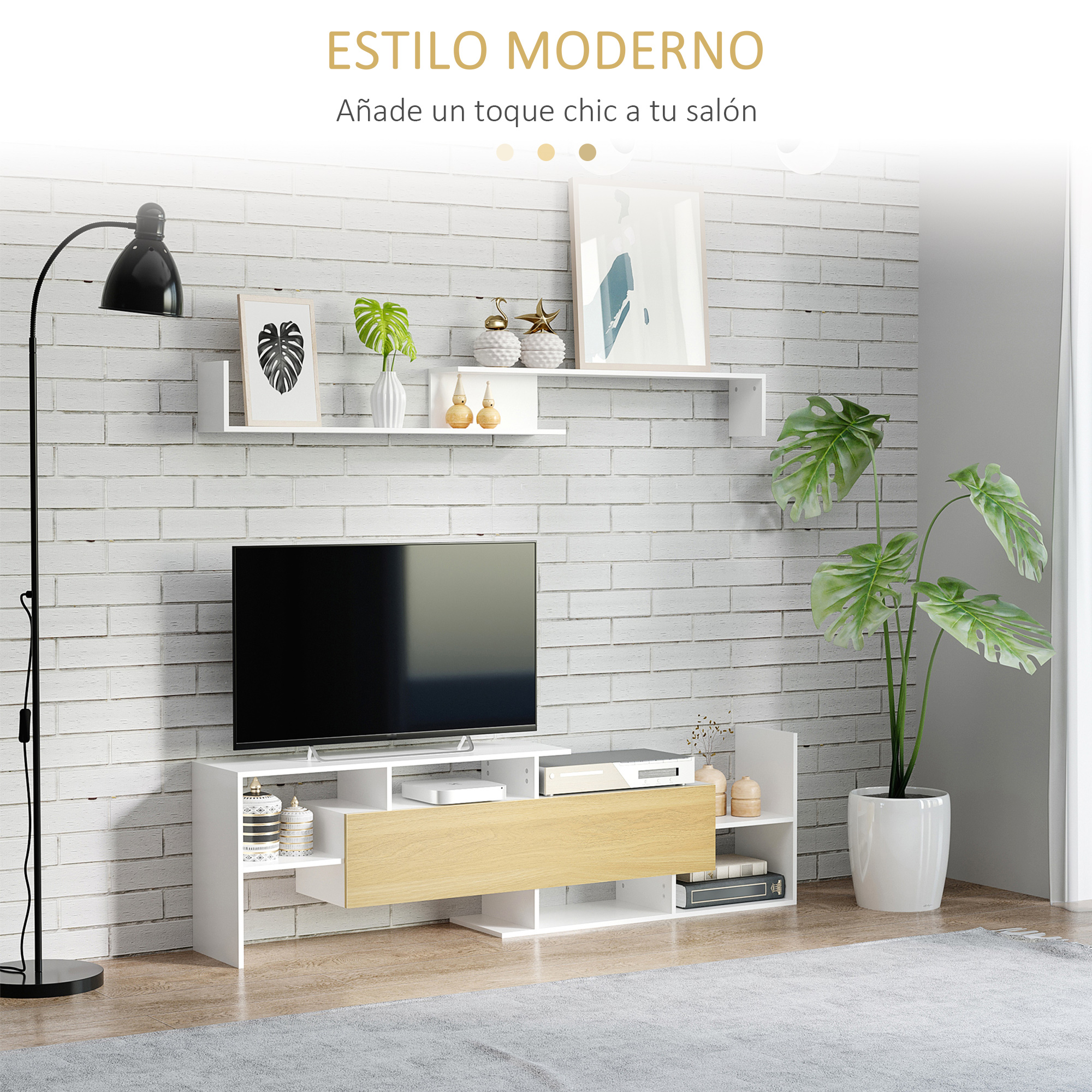 Modern Tv Entertainment Unit With Wall Shelf In White And Natural_voghion.com