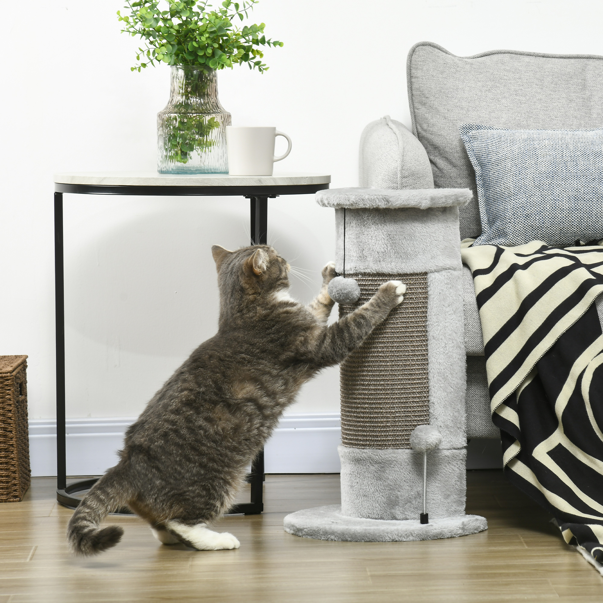 Cat Scratching Post With Sisal Pole And Hanging Toy Balls Grey_voghion.com
