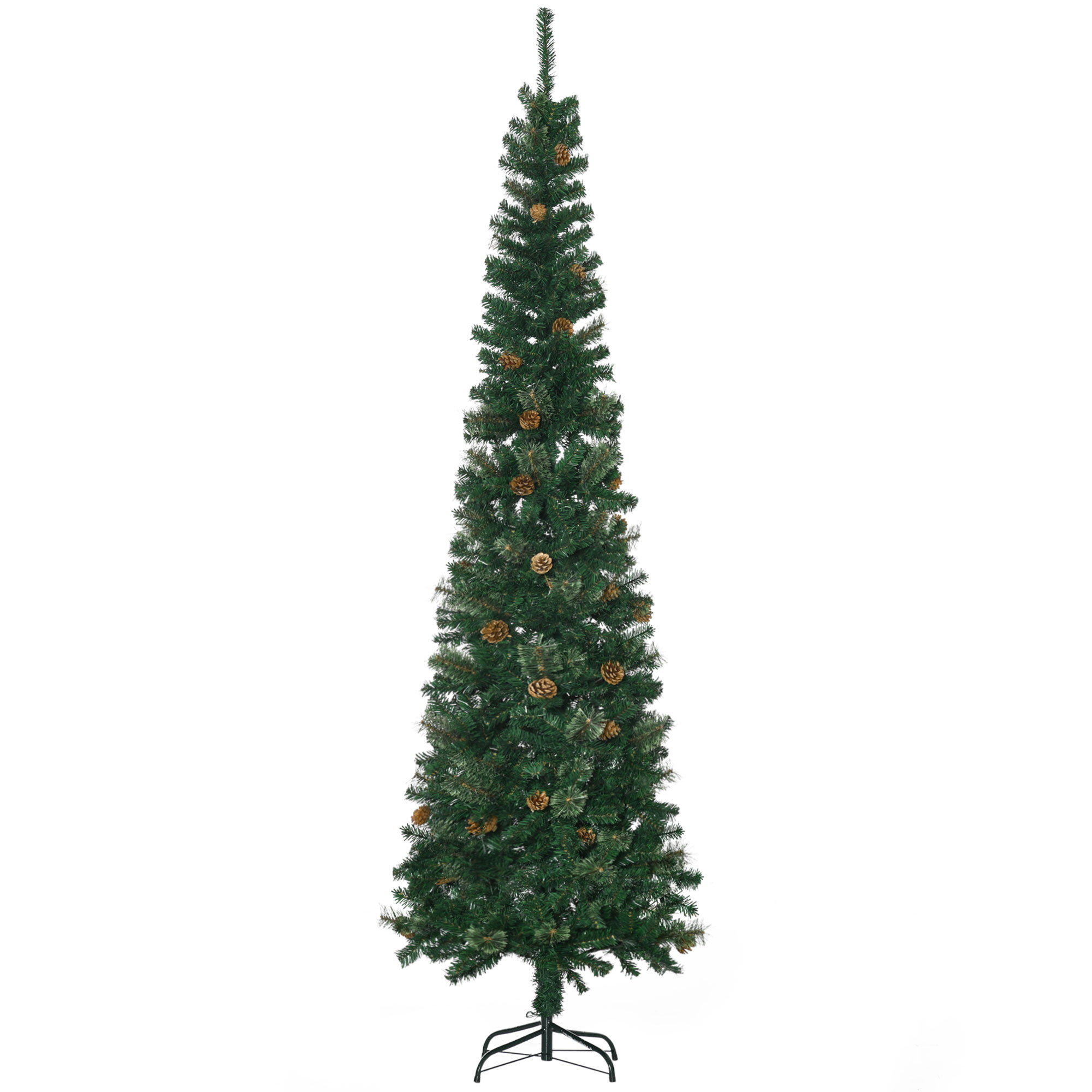 7.5 Foot Pencil Artificial Christmas Tree, Slim Pine Needles Xmas Tree with Realistic Branches, Pine Cones, Metal Base, Green