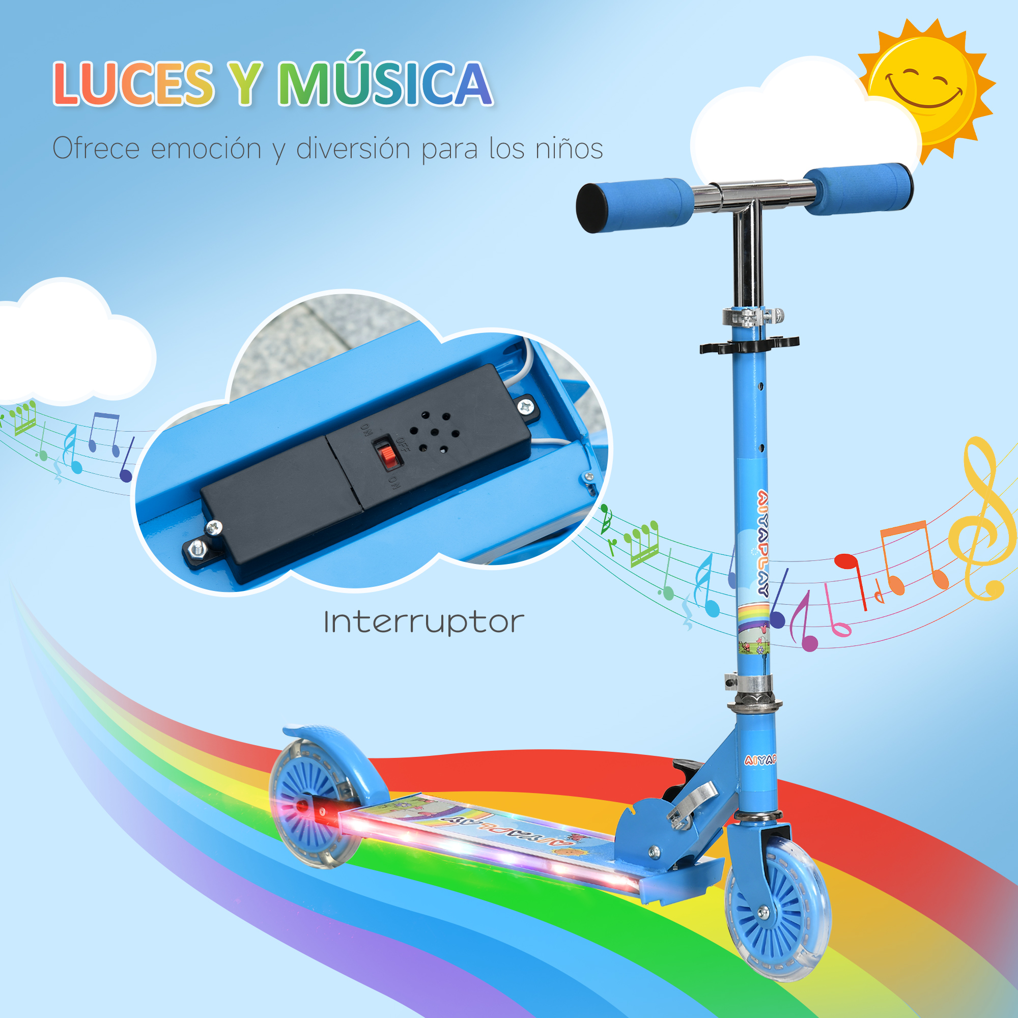 Patinete Infantil Plegable Con Luces Música Altura Ajustable Ruedas Brillantes Pedal LED Carga 50kg 67x32x65-78 Cm Azul_desvips.com