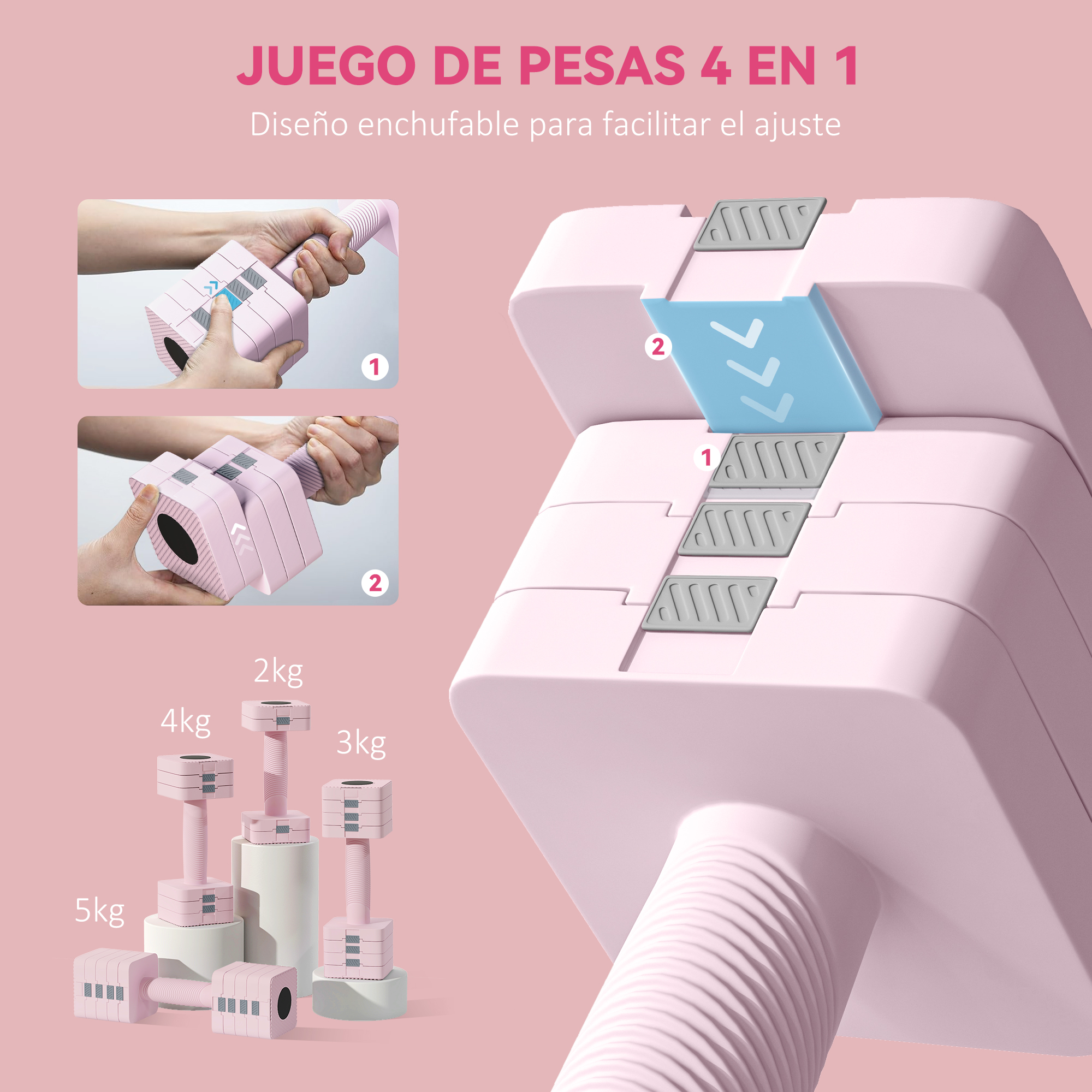 Juego De Mancuernas 10 Kg Con Mango Antideslizante Y Diseño Cuadrado Para Entrenamiento En Gimnasio Rosa_desvips.com