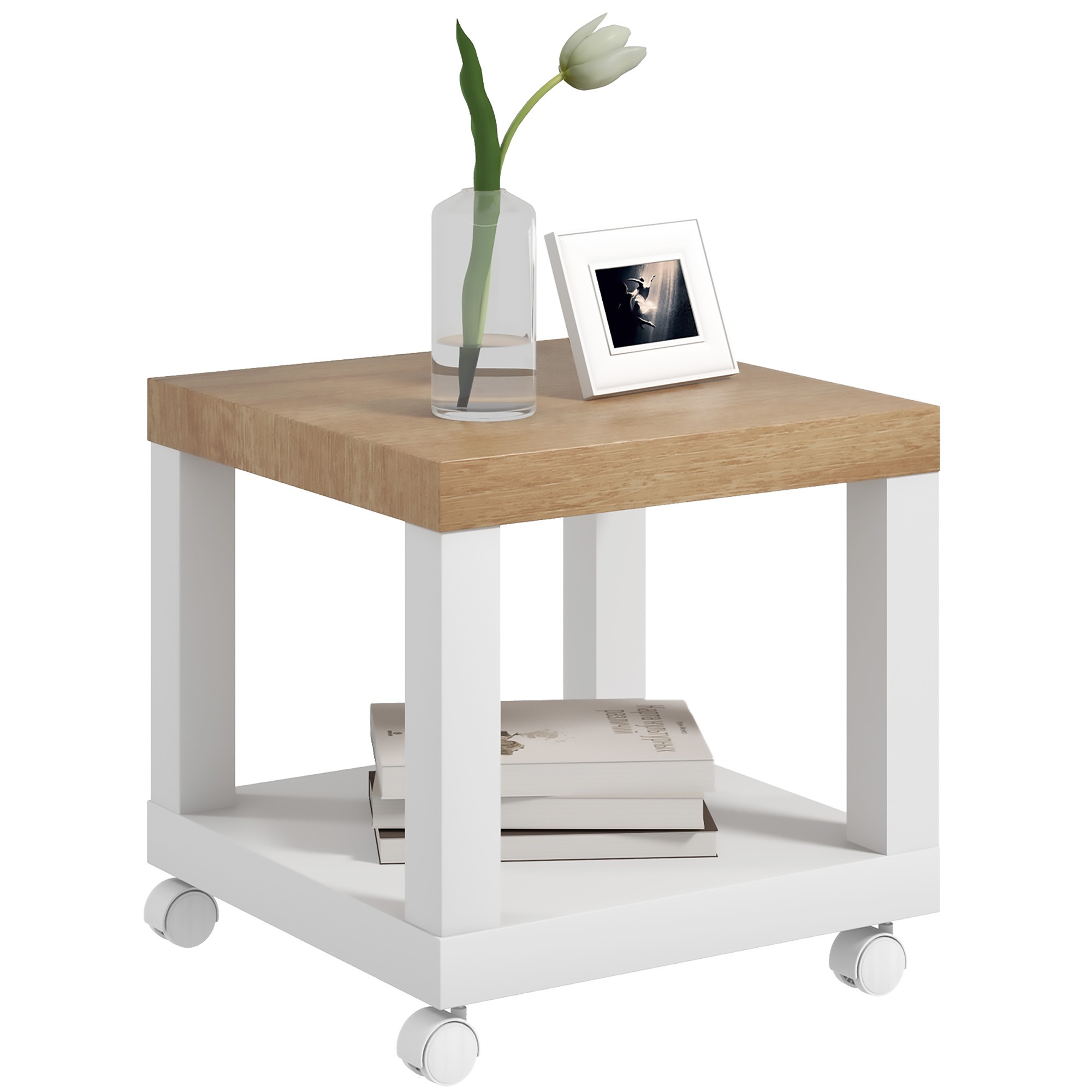 Mesa Auxiliar Con Ruedas Estante Abierto Mesa Para Sofá Sala Dormitorio 40x40x40 Cm Naturel Et Blanc_voghion.com