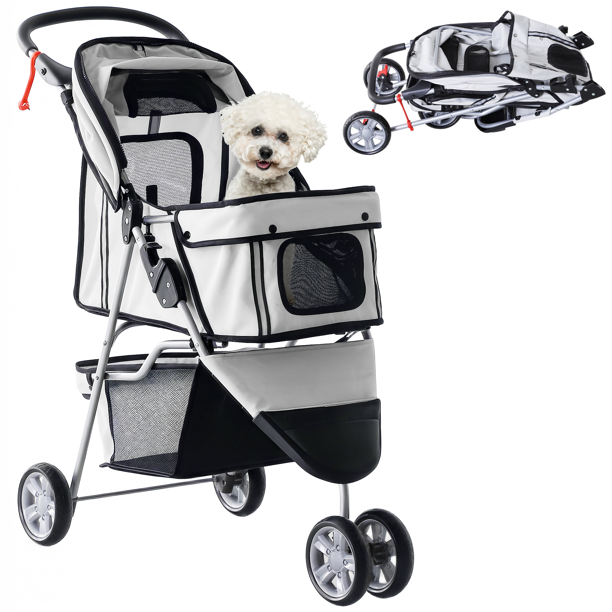 Carrito Para Perros Pequeños Con Cesta De Almacenaje Ventanas De Malla Y 2 Ruedas Universales 75x45x97 Cm Gris_voghion.com