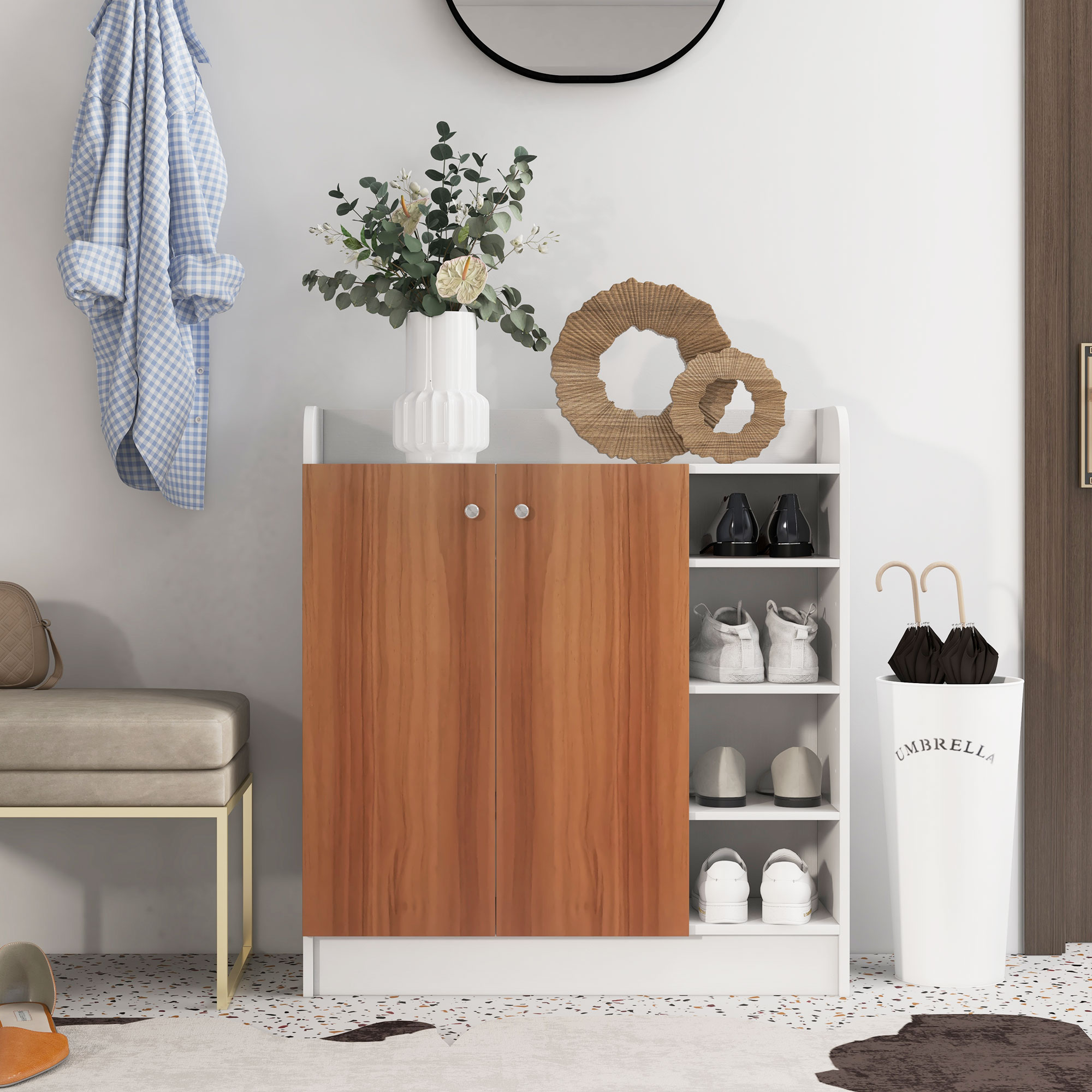 Modern Shoe Cabinet With 2 Doors And Adjustable Shelves Natural_voghion.com