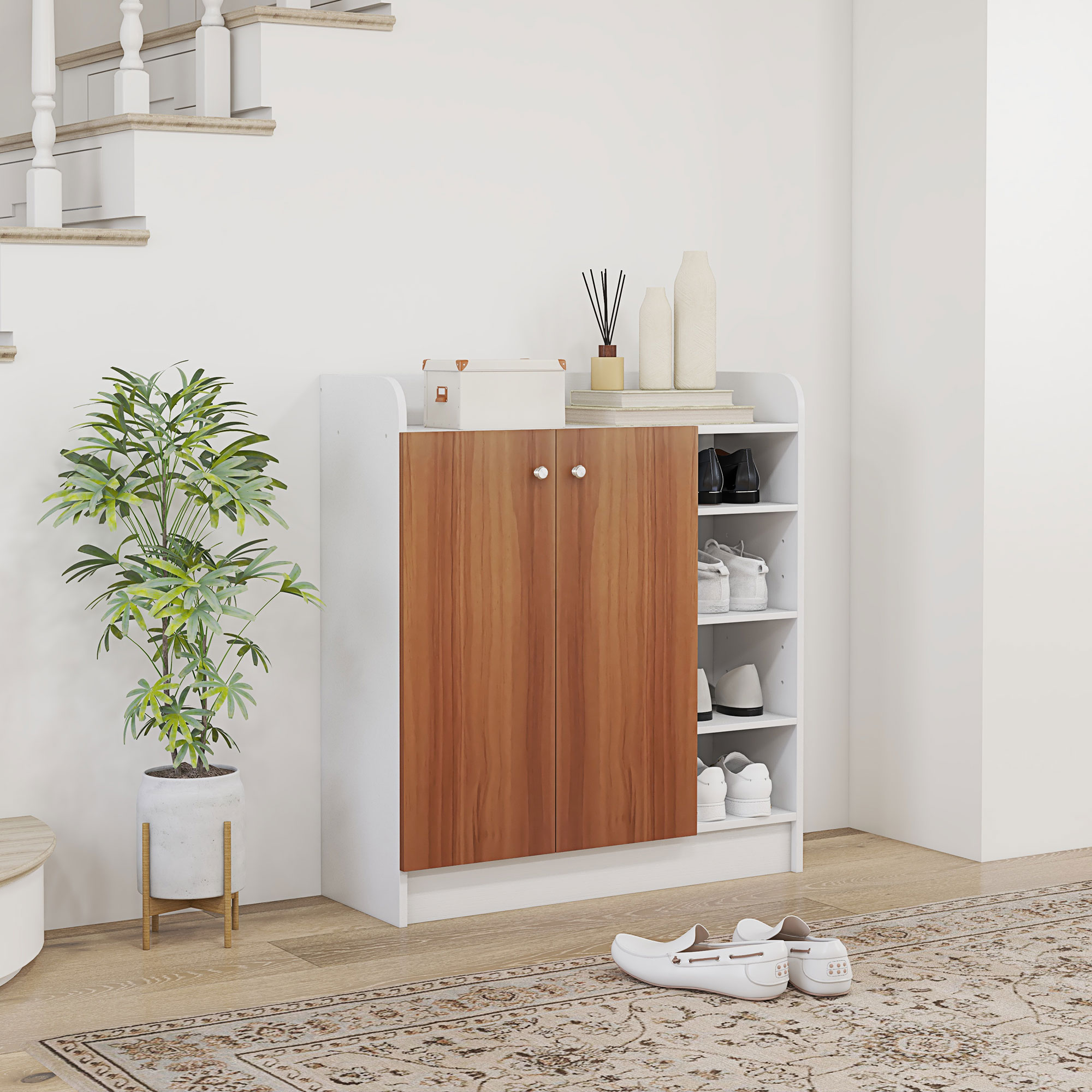 Modern Shoe Cabinet With 2 Doors And Adjustable Shelves Natural_voghion.com