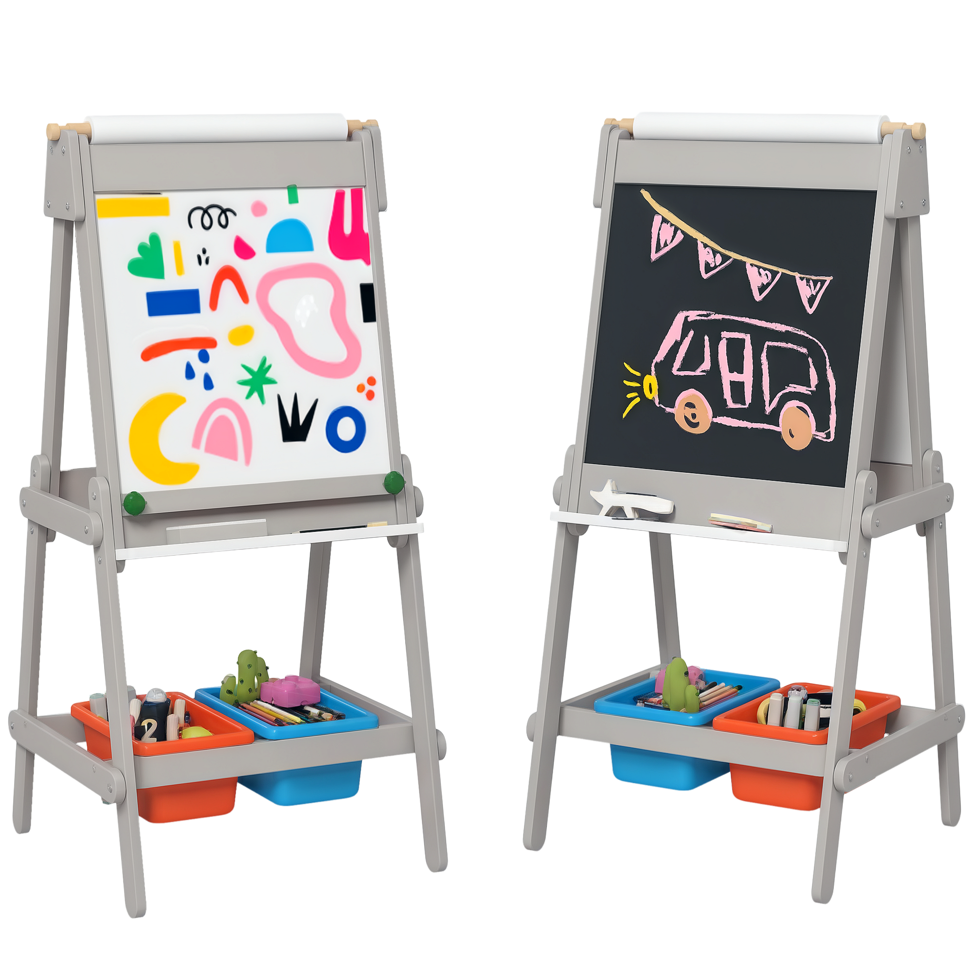 Pizarra Infantil Con Caballete Pizarra De Doble Cara Con Rollo De Papel Borrador Cajas De Almacenamiento Gris_voghion.com