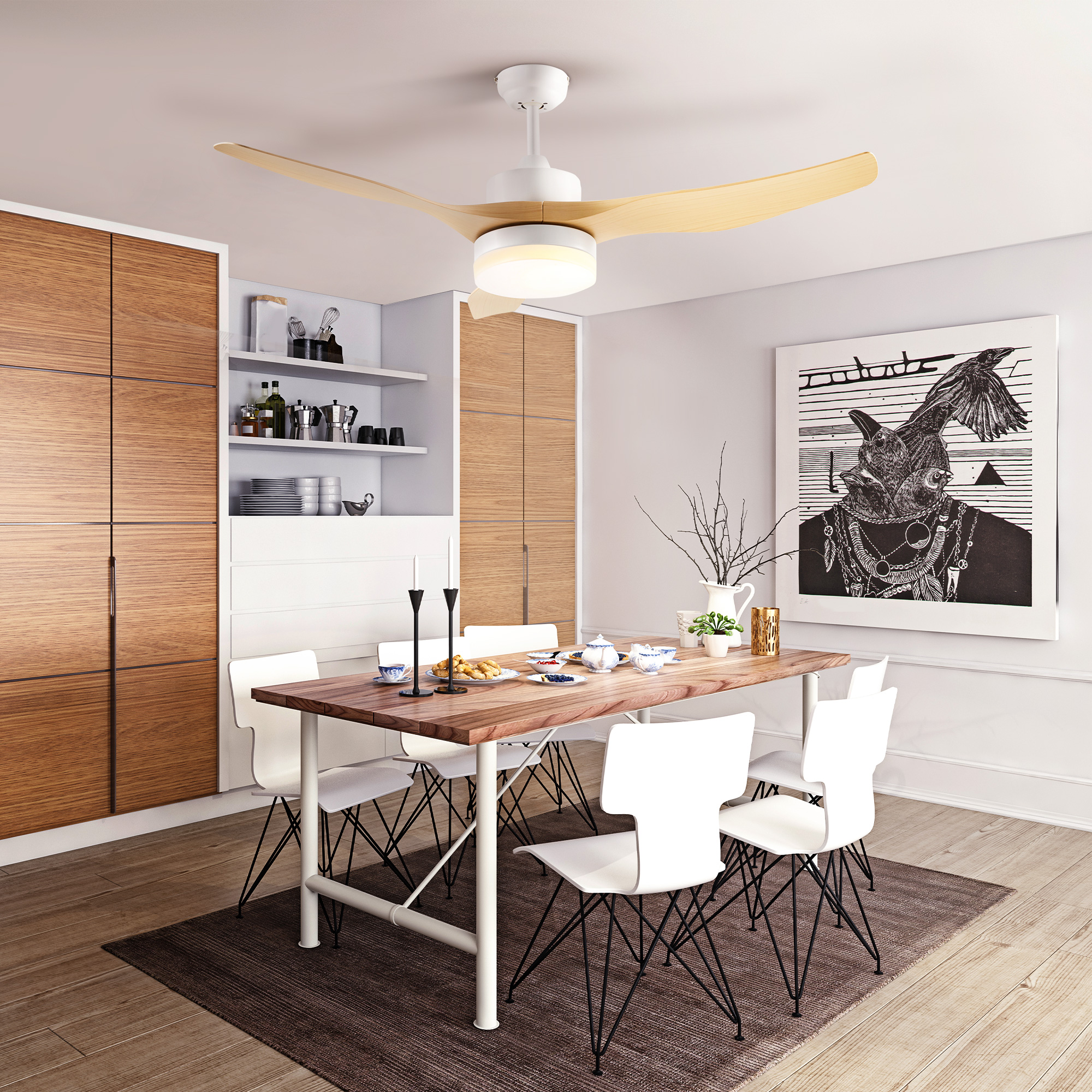 Detalle de las aspas con efecto madera